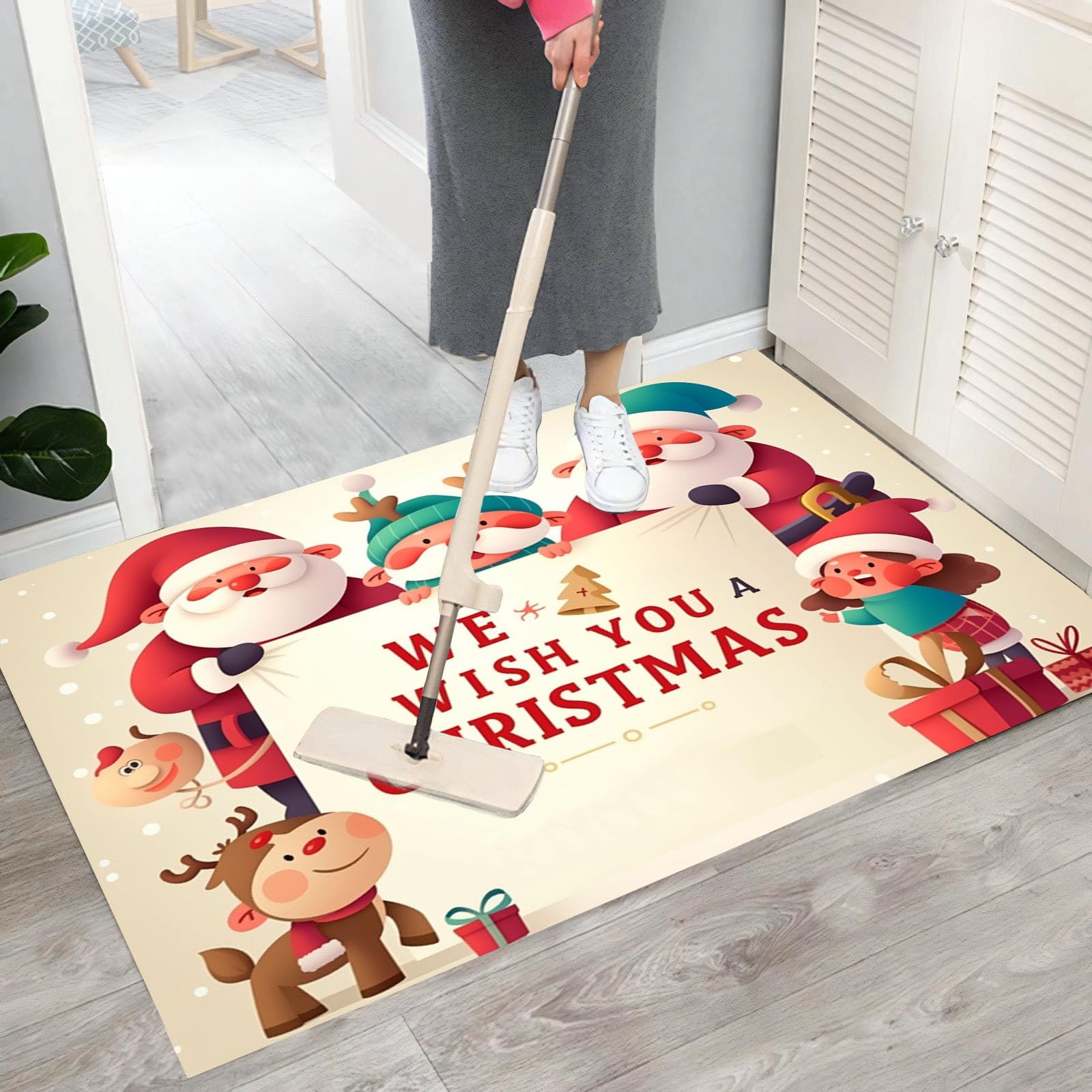 Felpudo Lindo Dibujos Animados, 90x150cm Alfombra Puerta Papá Noel Renos, Alfombra Navidad Antideslizante para Cocina Pasillo Salón, Felpudo Entrada Casa Decoración