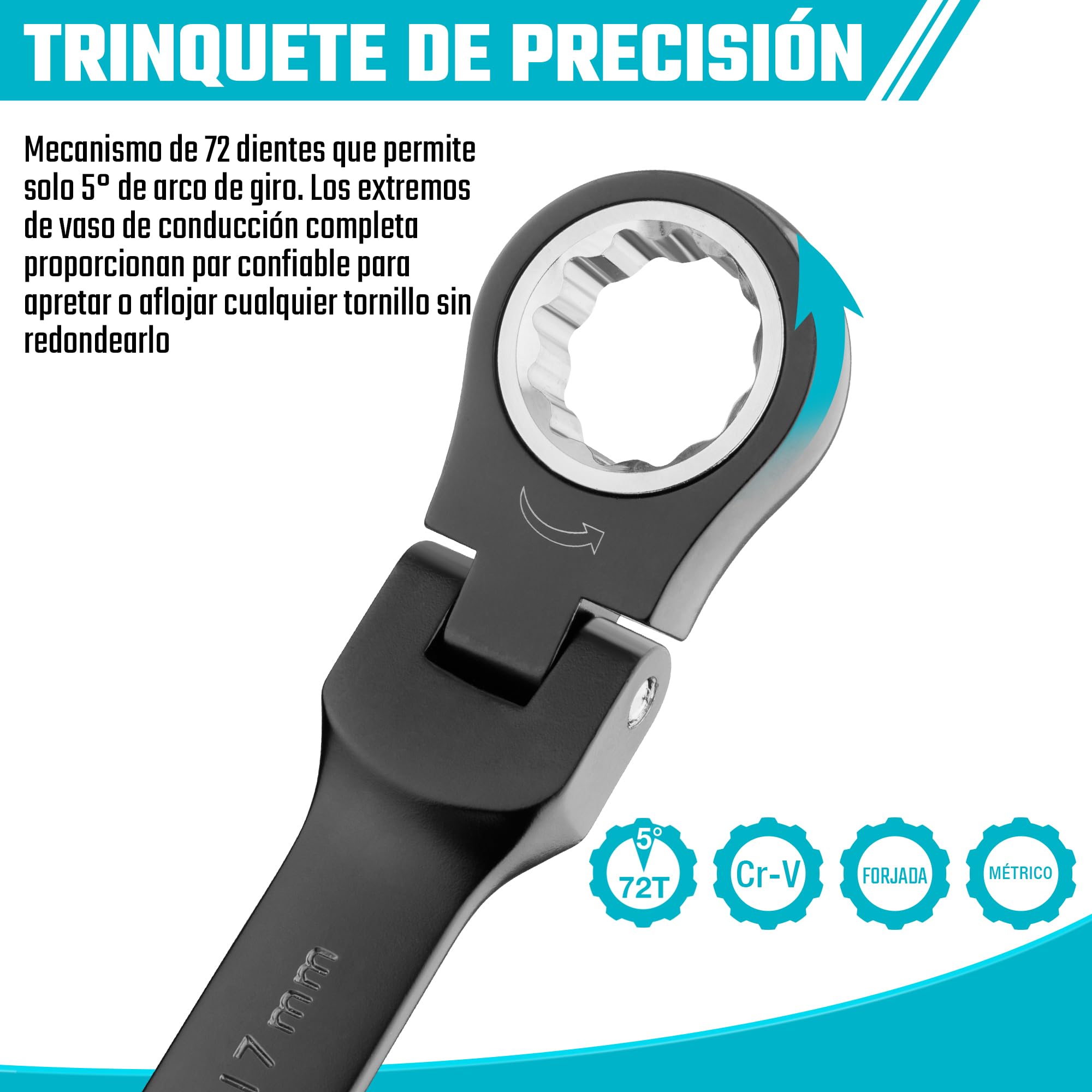 DURATECH Flex-Head - Juego de llaves de trinquete combinadas, 72 dientes, métricas, 9 piezas, 8, 10, 11, 12, 13, 14, 15, 16, 17 mm, revestimiento electroforético negro, acero CR-V, con bolsa rodante