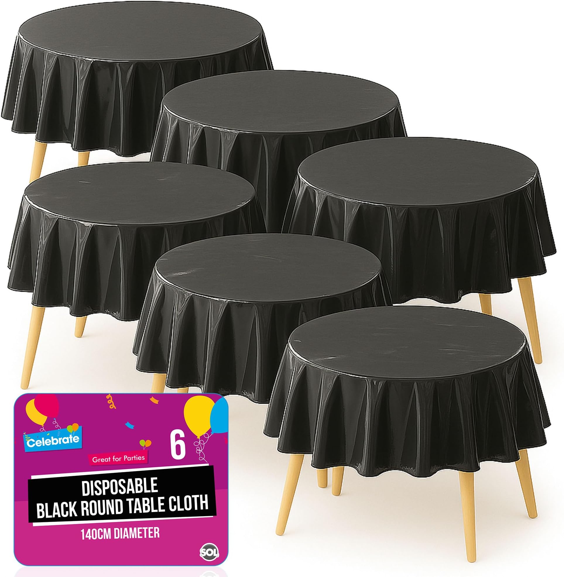 SOL 6pk Black Round Table Cloth Disposable 140cm Party Tablecloths for Circular Table - Durable Spill Protection - Christmas Decorations New Years Eve 2026 Birthday Supplies Weddings, Buffets Catering