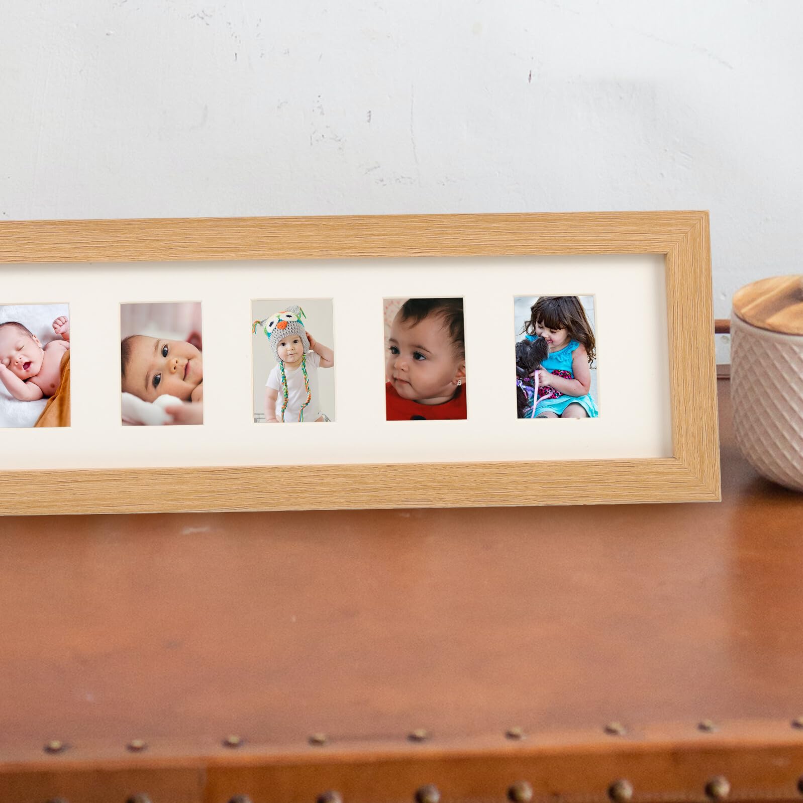 TOYANDONA Marco de Fotos de Madera para Bebés 6 Agujeros, Soporte de Escritorio para Recuerdo de Primer Año, Portafotos Infantil para Recién Nacidos y Decoración de Habitación