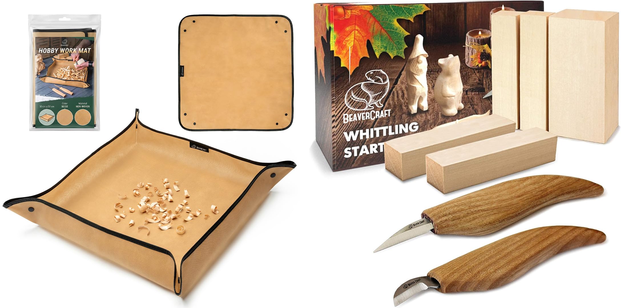 BeaverCraft Komplettes Schnitzset S16 mit Holzblöcken & Arbeitsmatte MS – Holzschnitzset für Kinder & Anfänger mit 2 Messern & Linde Holz zum Schnitzen – Faltbare Schnitzmatte für sauberes Basteln