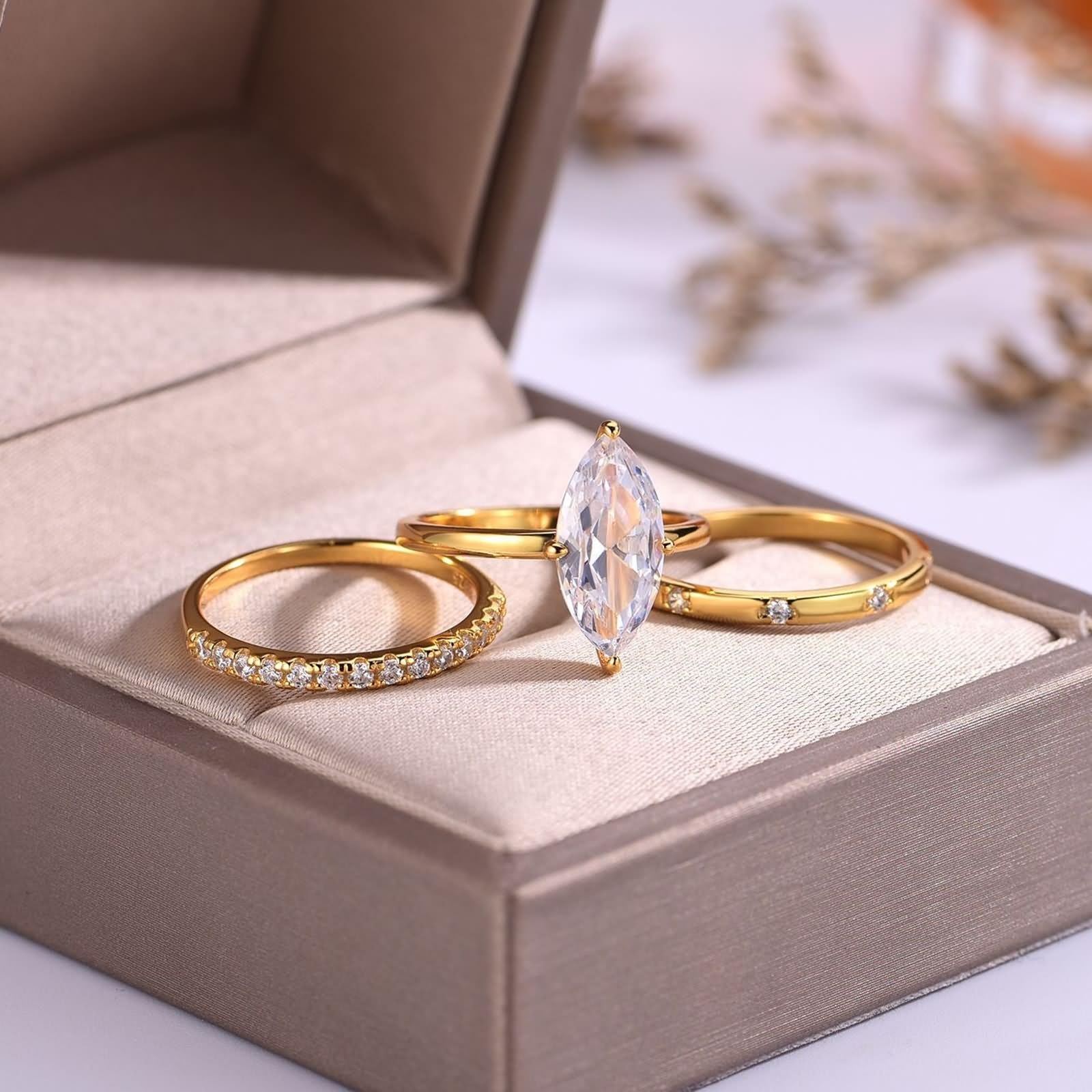 Anello di fidanzamento da donna, set di 3 anelli con taglio marchese 3 carati moissanite oro giallo 14 carati, misura 60 (19,1)