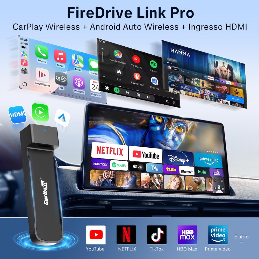 Carlinkit FireDrive Link Pro HDMI Car TV Converter per Fire TV Stick Streaming, adattatore wireless Apple CarPlay & Android Auto, compatibile con veicoli CarPlay cablati, dongle 3 in 1, plug & play