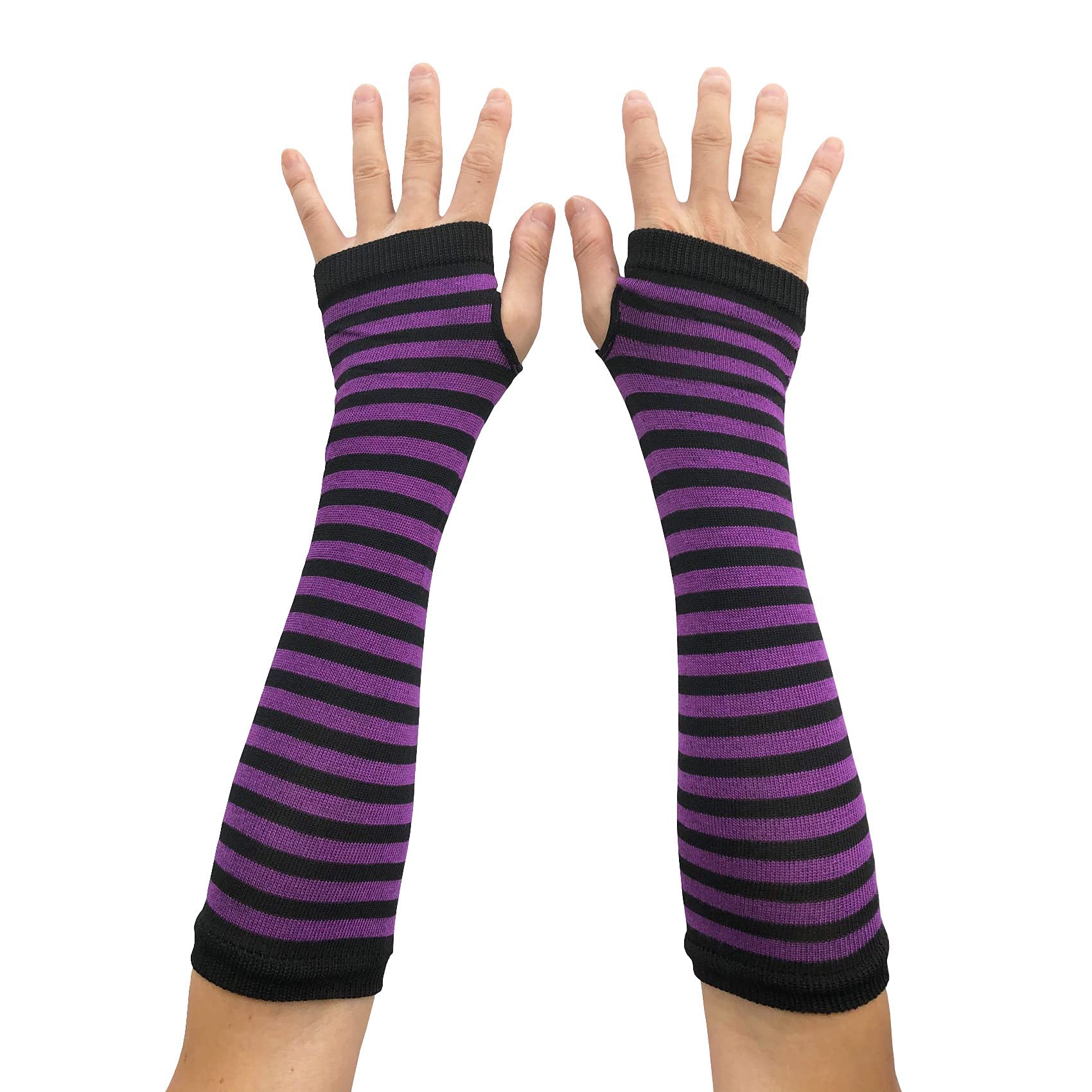 AUSUAYA Women Striped Long Fingerless Warm Gloves, Winter Arm Warmers For Punk Rock/Cosplay/Goth Party WM-S-G5 (Black and Purple Striped)