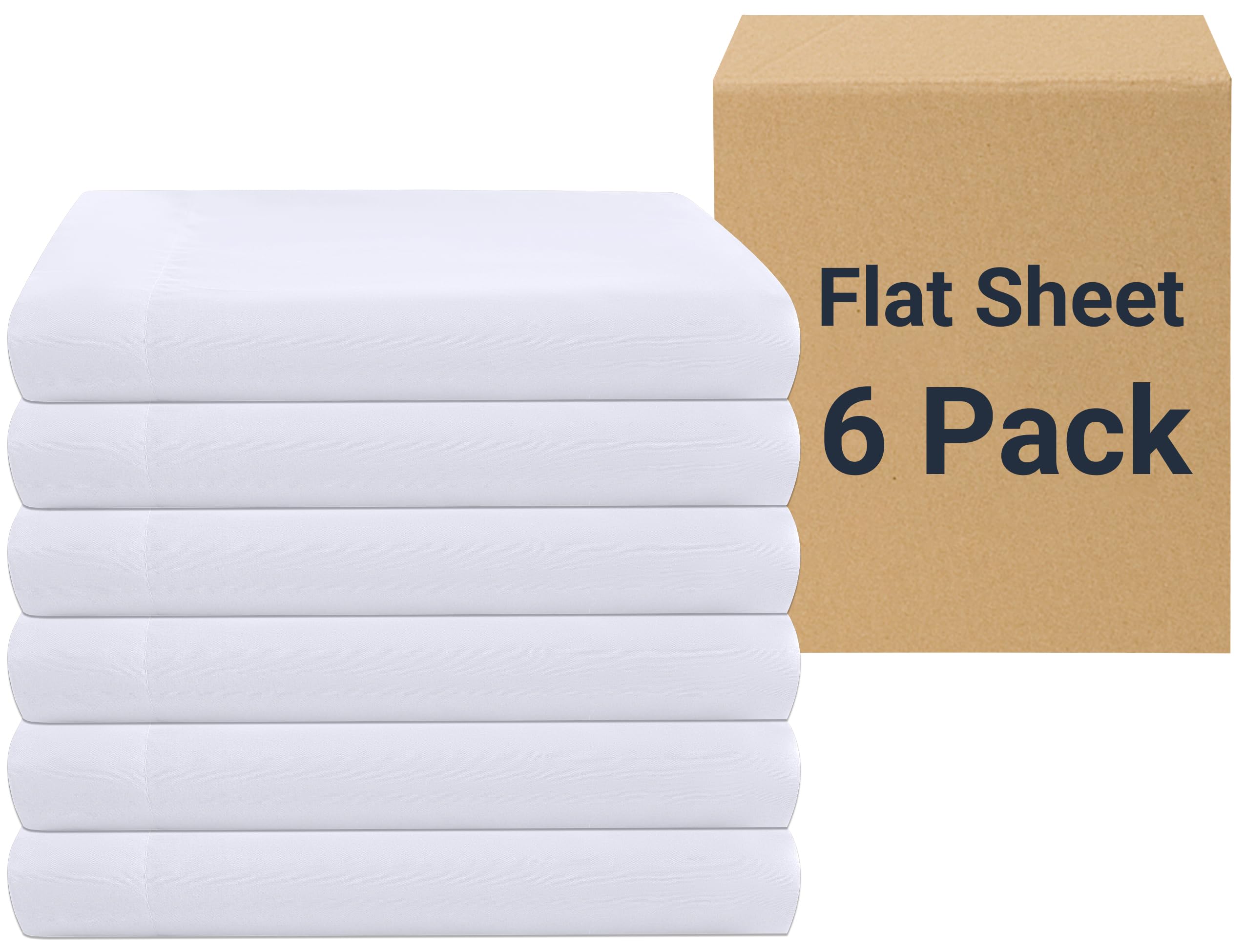 ZPECC White Bulk Flat Sheets Only Twin Size 6 Pack, Easy Sort Top Bed Sheet by Color-Coded Hem Threads, Soft Durable Brushed Microfiber Fabric Hotel Airb&bs Essentials for Hosts, 66"x96"