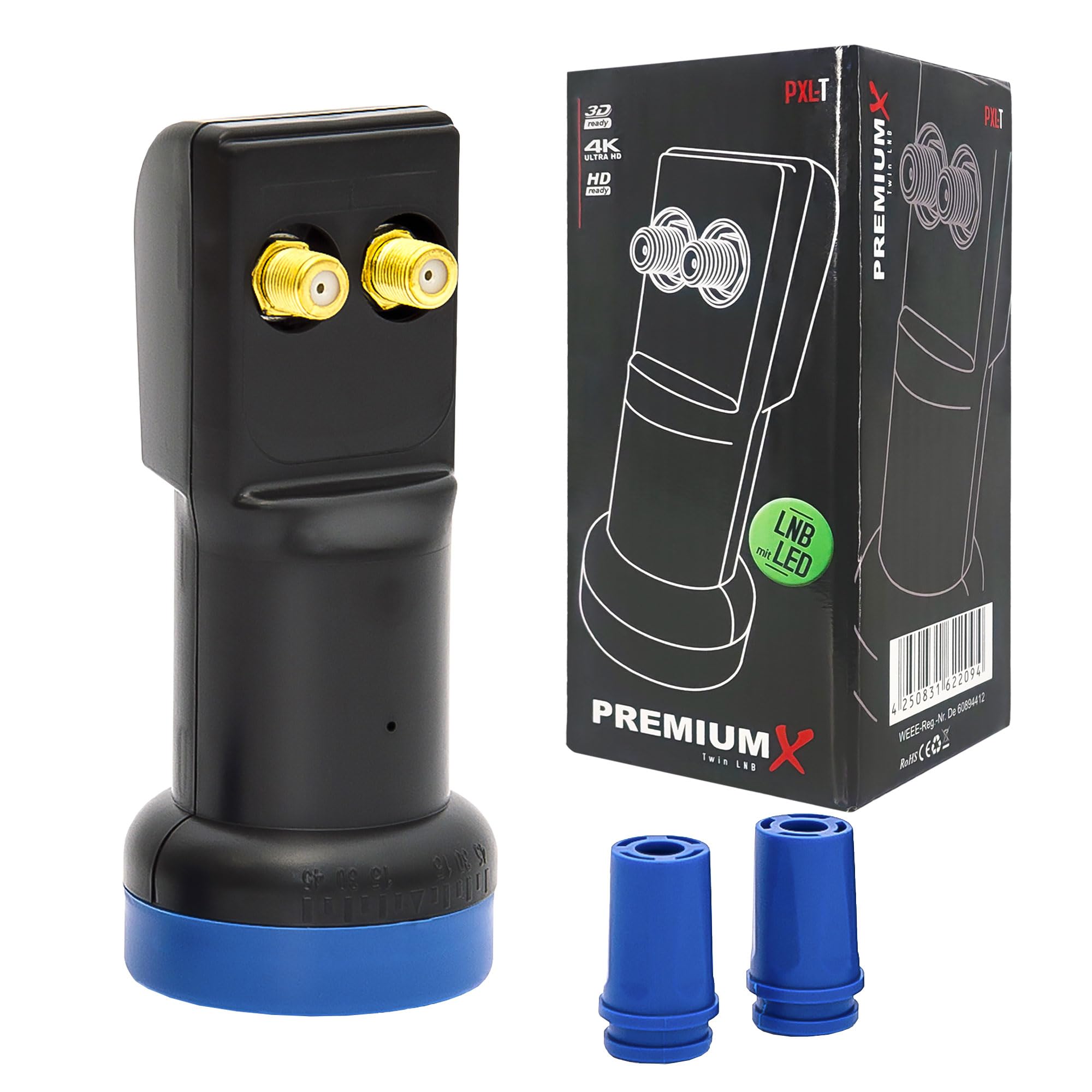 PREMIUMX Twin LNB PXL Tête de réception T LED Full HD HDTV SAT 0,1 dB pour 2 utilisateurs 3D 4 K High Quality avec protection météo