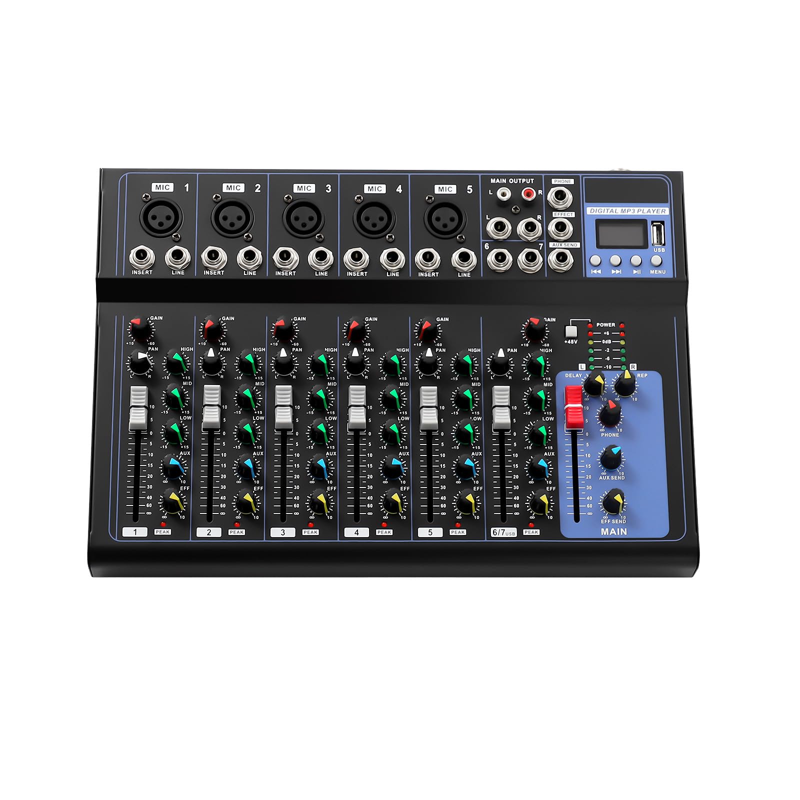 Soundboard 7 canaux & table de mixage DJ, Bluetooth, mixeur audio professionnel, mixeur audio avec six styles de musique et égaliseur à trois bandes, console de mixage DJ pour karaoké, fête à domicile