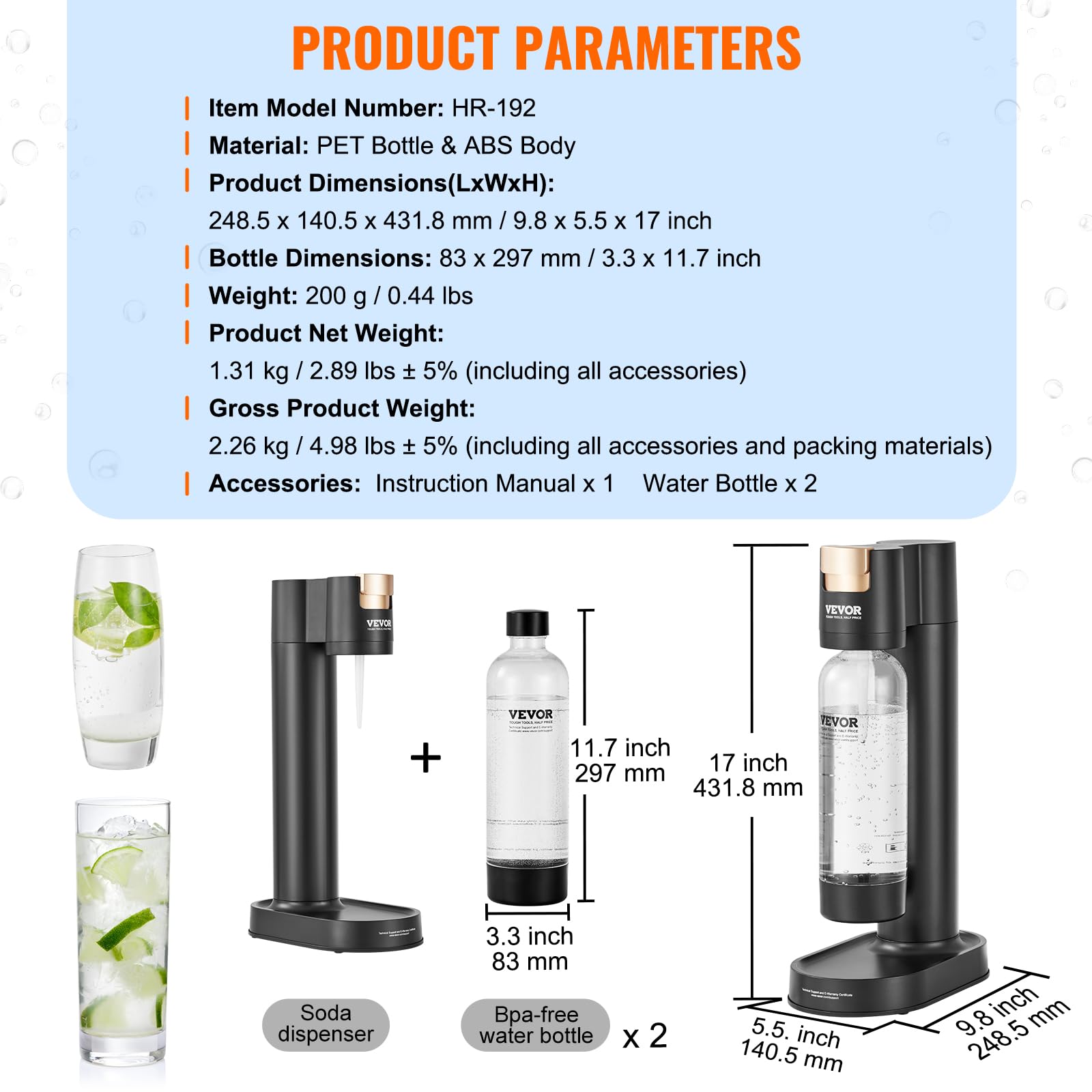 VEVOR Machine à eau gazeuse, machine à eau pétillante et soda pour gazéification domestique avec 2 bouteilles PET de 1 L sans BPA, compatible avec le cylindre de CO2 60 L à visser (non inclus), noir