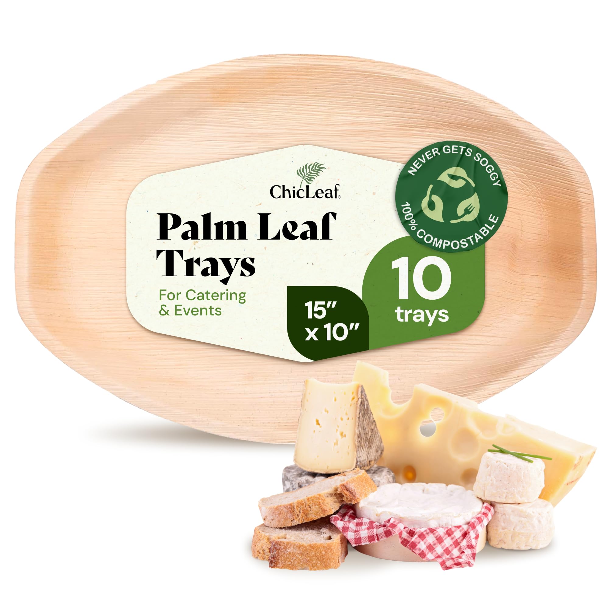 Chic Leaf All Natural Compostable & Disposable Rectangular 15" x 10" Palm Leaf Tray for 4th of July - Party Charcuterie Board, Catering & Wedding Appetizers - Palm Leaf Platter Party Plates (10 pc)
