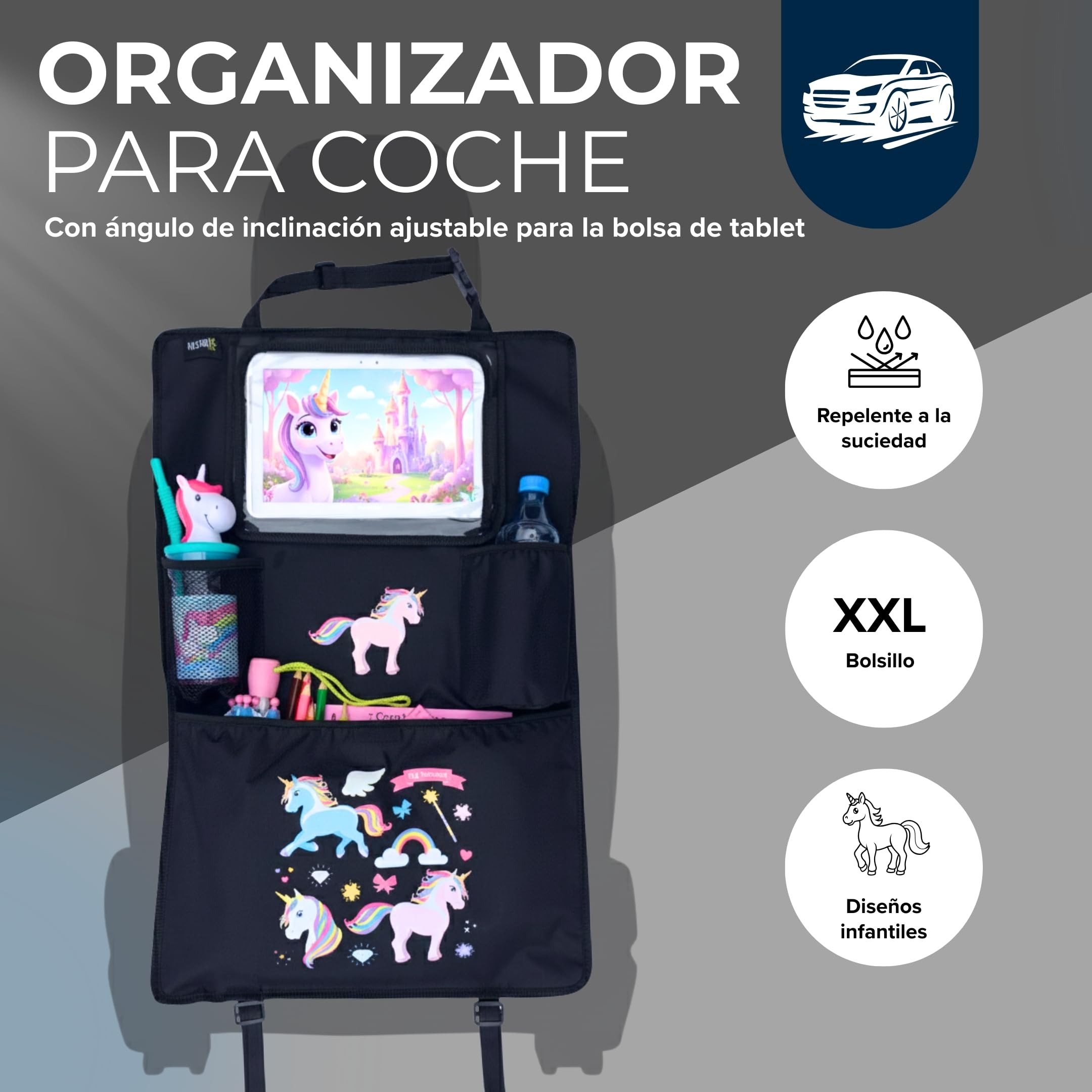 HECKBO 1x Organizador infantil para asiento de coche con bolsillo ajustable para tablet, almacenamiento para accesorios – Unicornio – 70x45 cm – incluye portabebidas