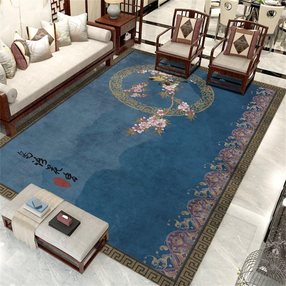 Tapis lavable en machine floral bleu confortable pour chambre enfant