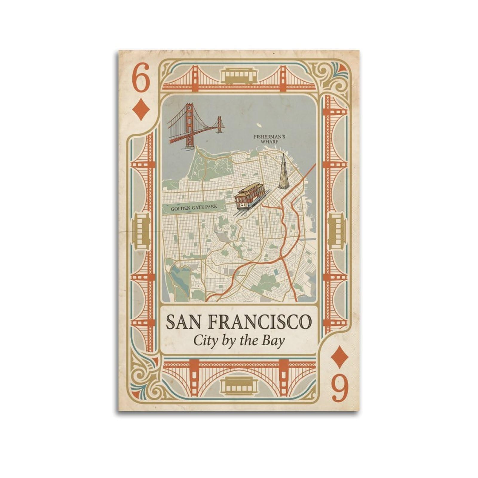 OKNGB Vintage City Map Poster San Francisco Golden Gate Playing Card Style Decorative Painting Canvas Art Picture 20x30inch(50x75cm)