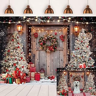 Christmas Wood Door Backdrop Winter Xmas Tree Rustic Barn Wood Photography Background Winter Holiday Family Birthday Party Decoration Supplies Photo Studio Props 7x5FT