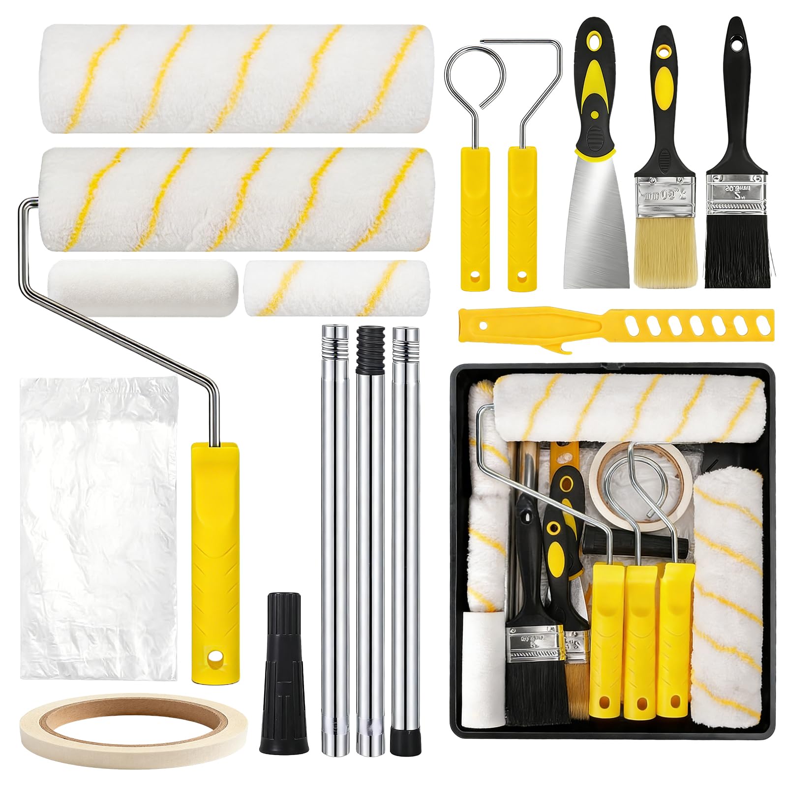 Rouleau Peinture, Rouleau Peinture Mousse Kit De Peinture 20 Pièces Avec Rouleau Long Poil 9", Manche Télescopique, Pinceaux, Bac, Bâche Et Accessoires Pour Murs