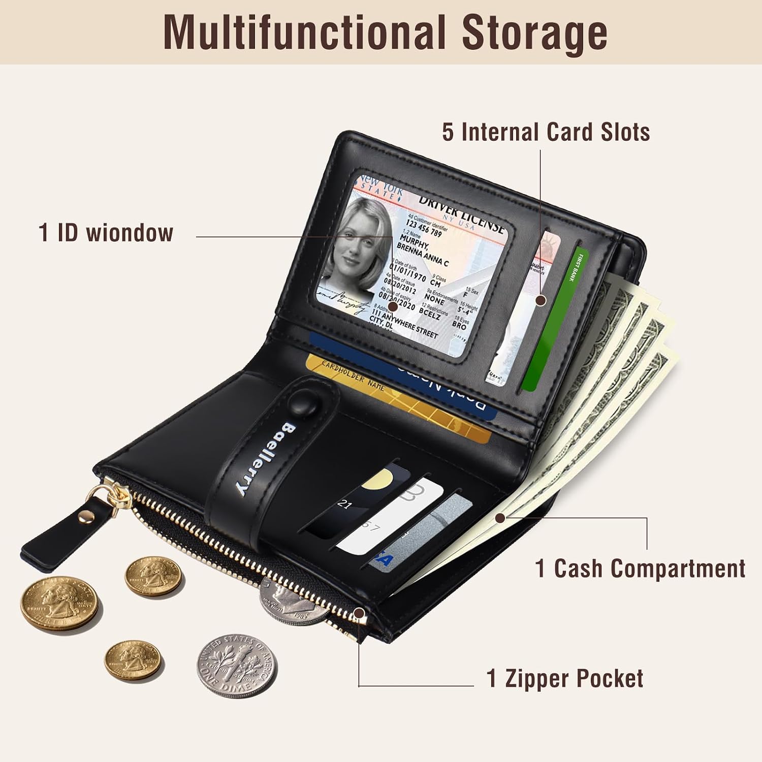 Women Leather Wallet RFID Blocking Small Bifold Zipper Pocket Wallet Card Case Purse with ID Window (Black)