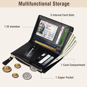 Women Leather Wallet RFID Blocking Small Bifold Zipper Pocket Wallet Card Case Purse with ID Window (Black)