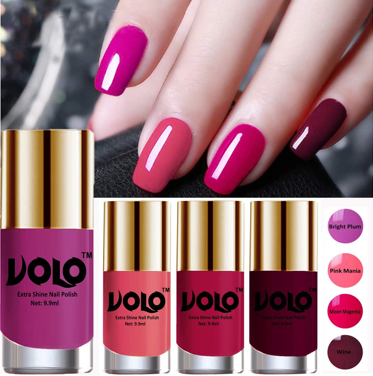 Hd Colors High-Shine Long Lasting Non Toxic Professional Nail Polish Set Of 4 (Bright Plum, Pink Mania, Moon Magenta & Wine) Glossy Finish, 39.6ml