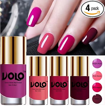 VOLO Hd Colors High-Shine Long Lasting Non Toxic Professional Nail Polish Set Of 4 (Bright Plum, Pink Mania, Moon Magenta & Wine) Glossy Finish, 39.6ml