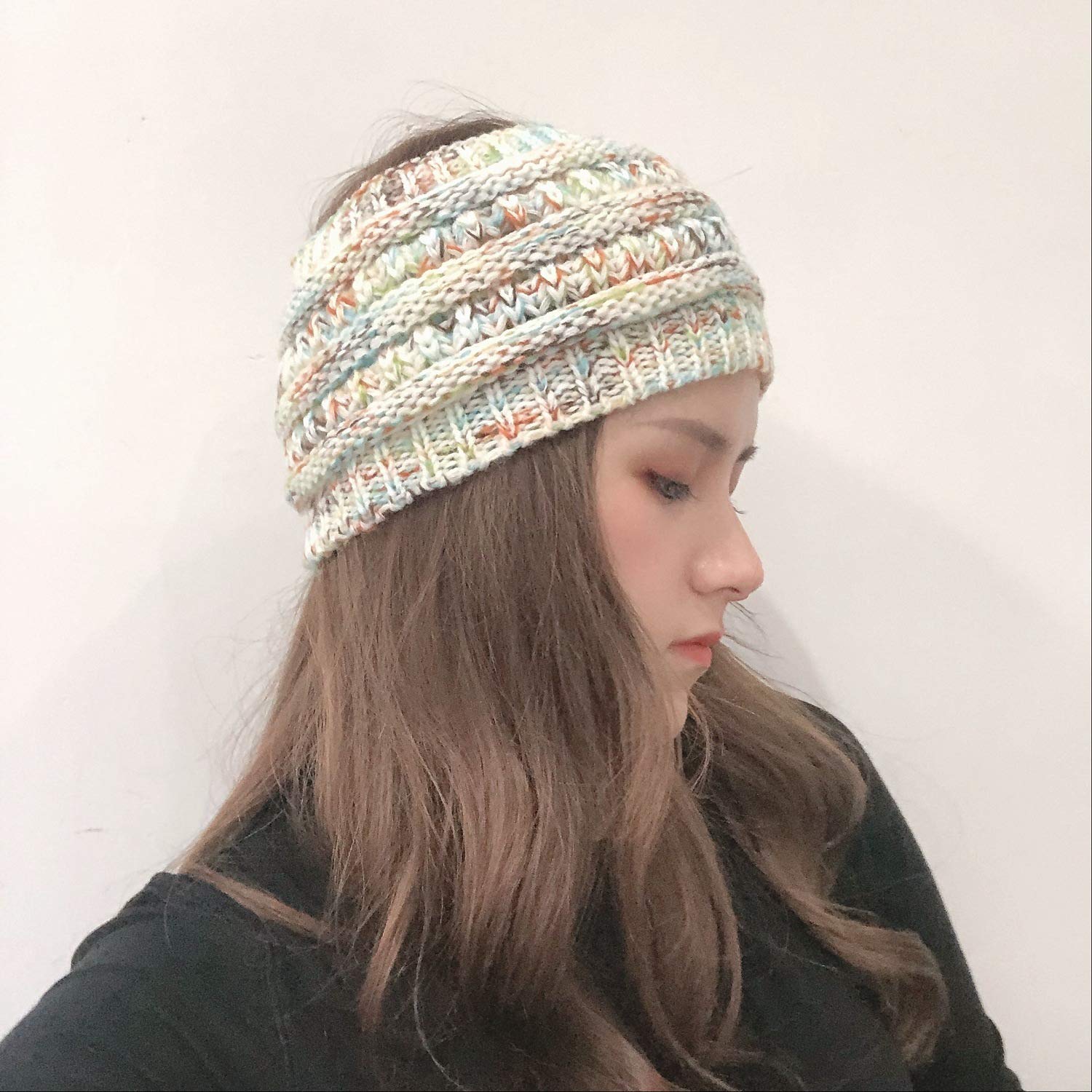 Gorro Beanie de Punto cálido Sombrero de Mujer, Soft Stretch Cable Knit Messy High Bun Ponytail Beanie Hat