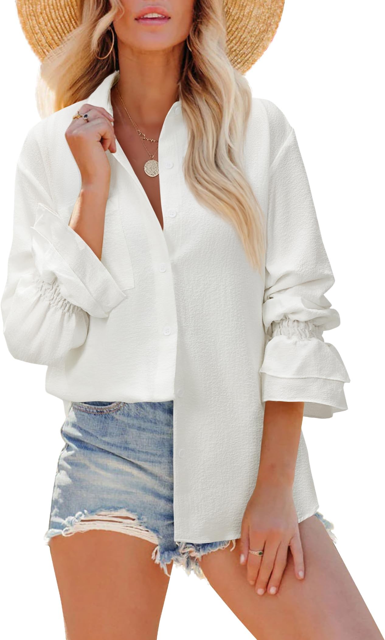 Oversized Button Down Shirts for Women Smocked Cuffed Long Sleeve Button Up Shirts Boyfriend Collared Top with Pocket
