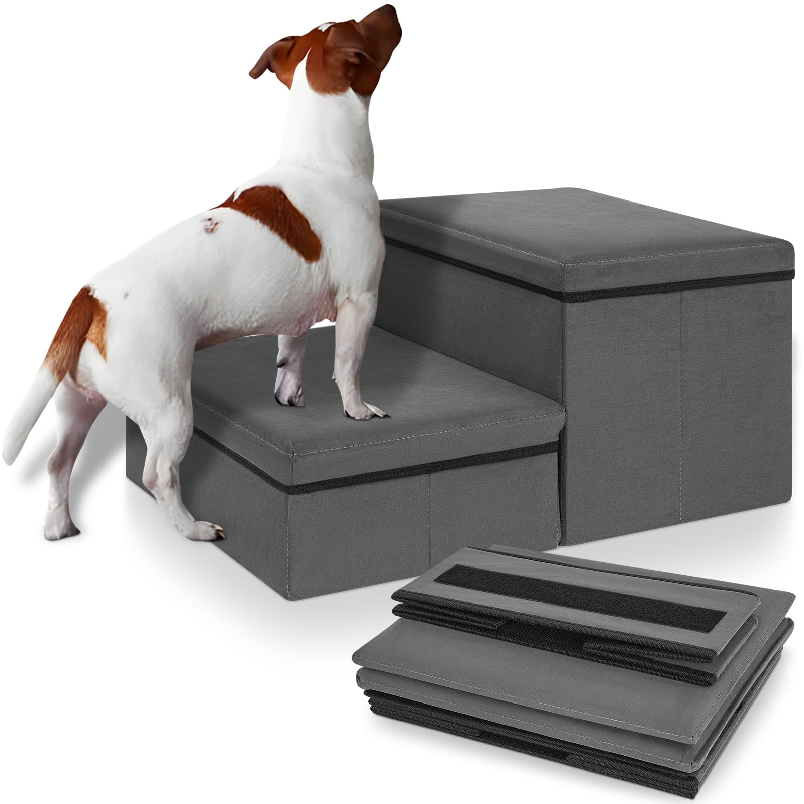 OUUTMEE Escalier pour Chien, Escalier pour Animaux avec Rangement Intégré, Escalier Chien Pliable Antidérapante pour Chiots, Chats Petits/Moyens et Animaux Agés, Lit et Sofa (Gris) (2 Marches)