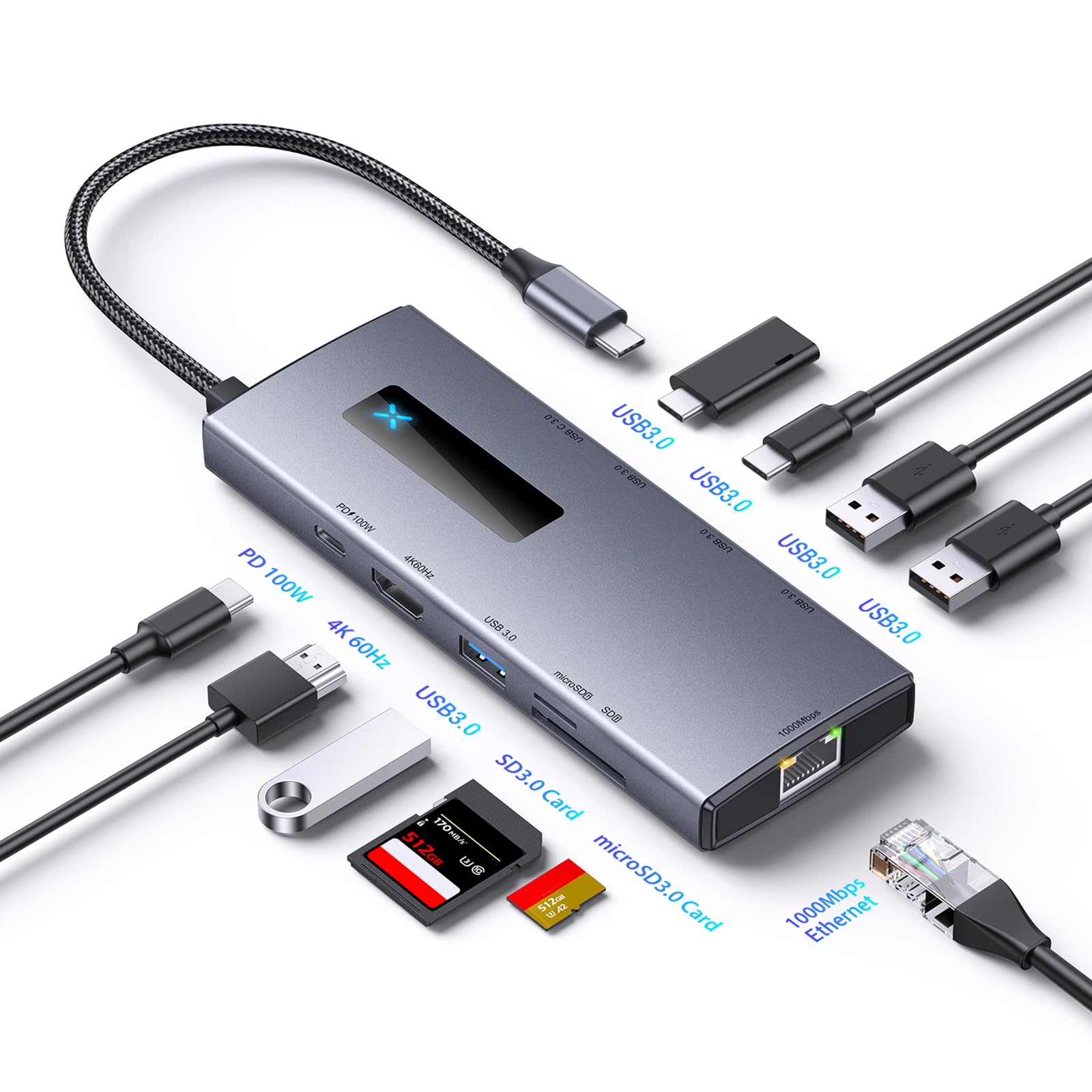USB-C-Hubs, 10-in-1, Typ C auf 4K @ 60HZ-kompatibler Adapter mit RJ45 SDTF-Kartenleser, PD100W, schnelles Aufladen für Laptop