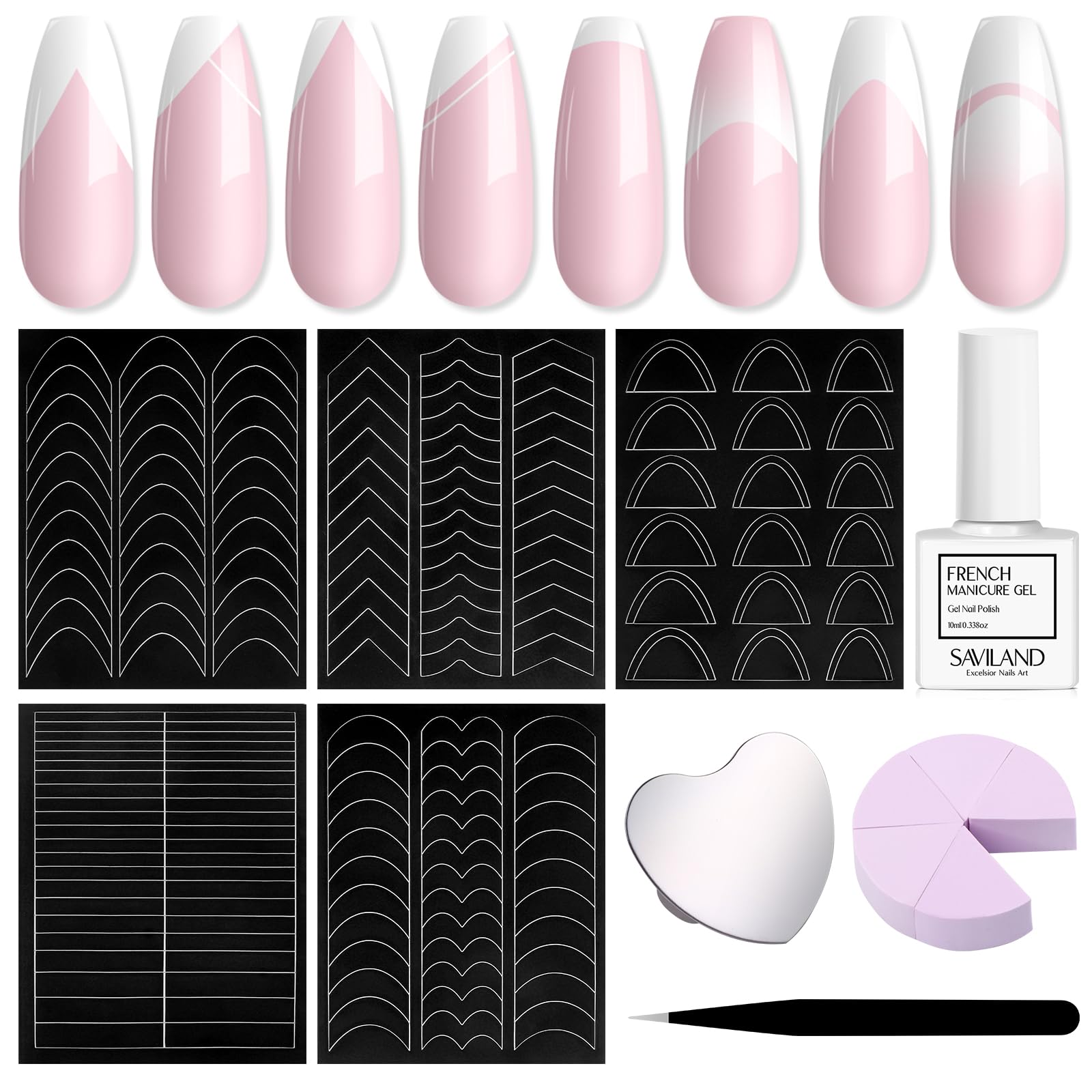 Saviland Kit de esmalte de uñas de gel blanco, kit de manicura francesa, guía rápida de puntas francesas, herramienta completa de punta francesa, kit de uñas francesas para principiantes en casa