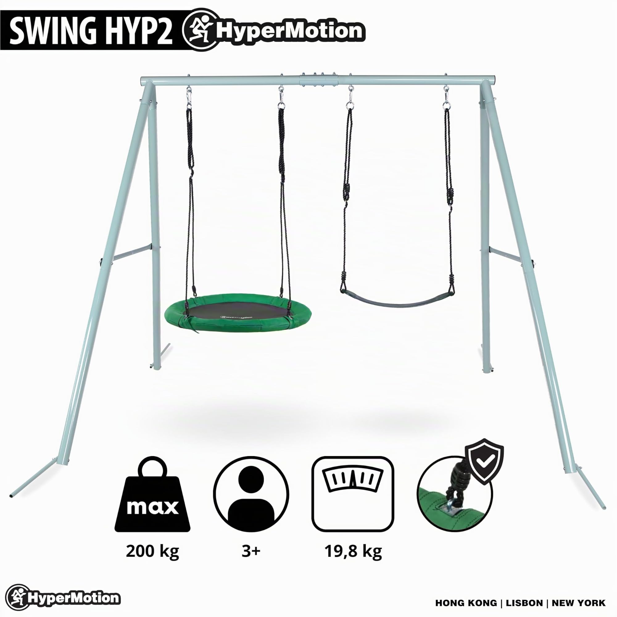 HyperMotion Columpio Infantil Doble para Jardín Exterior - Asiento y Nido de Cigüeña Ajustable con Estructura en A - para 2-3 Niños, Carga 200kg, Resistente UV