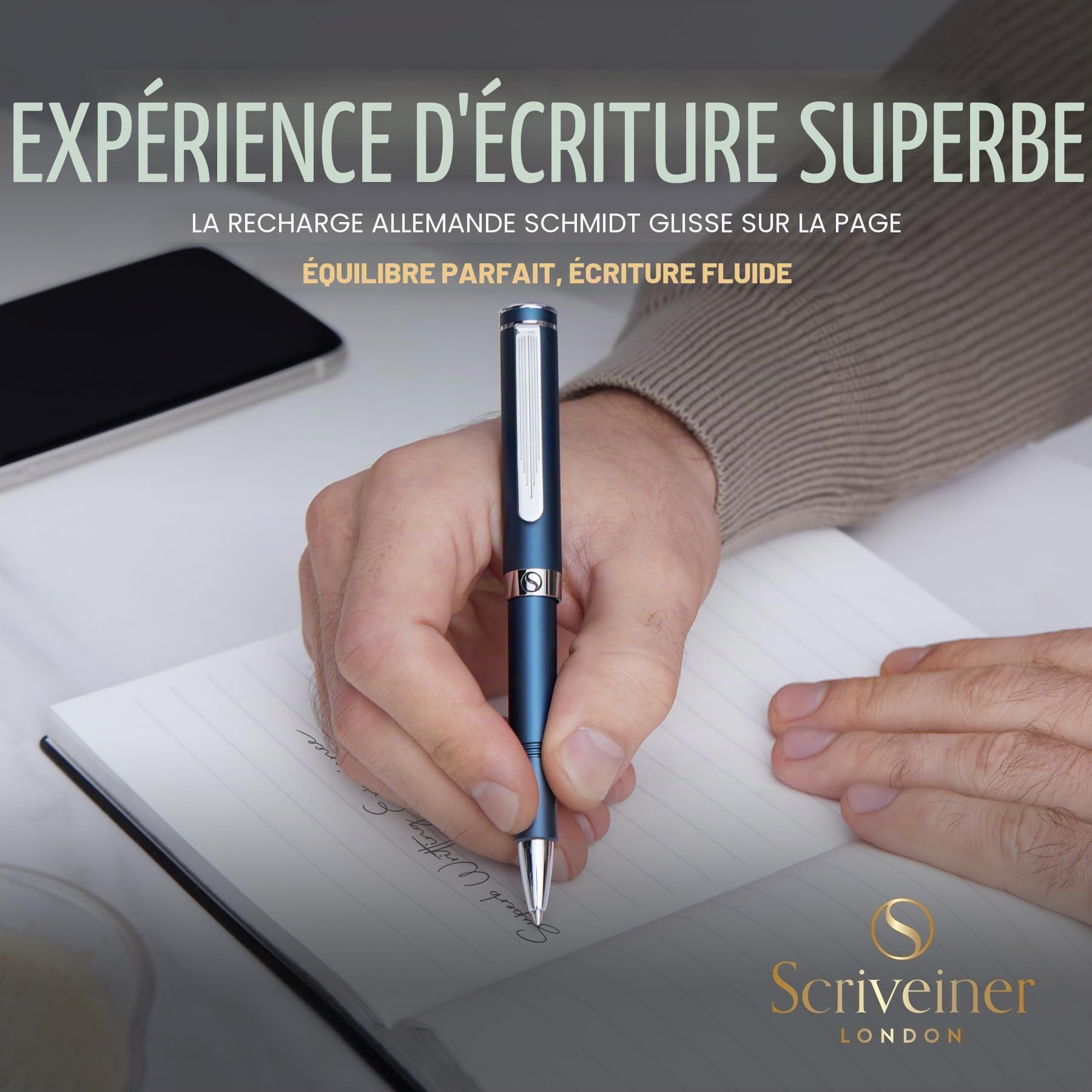 Scriveiner Roller Bleu EDC Stylo de luxe, Stylo de poche lourd avec finition chromée, d'écriture agréable, Cadeau homme et femme, Recharge Schmidt, Ensemble de stylos de bureau