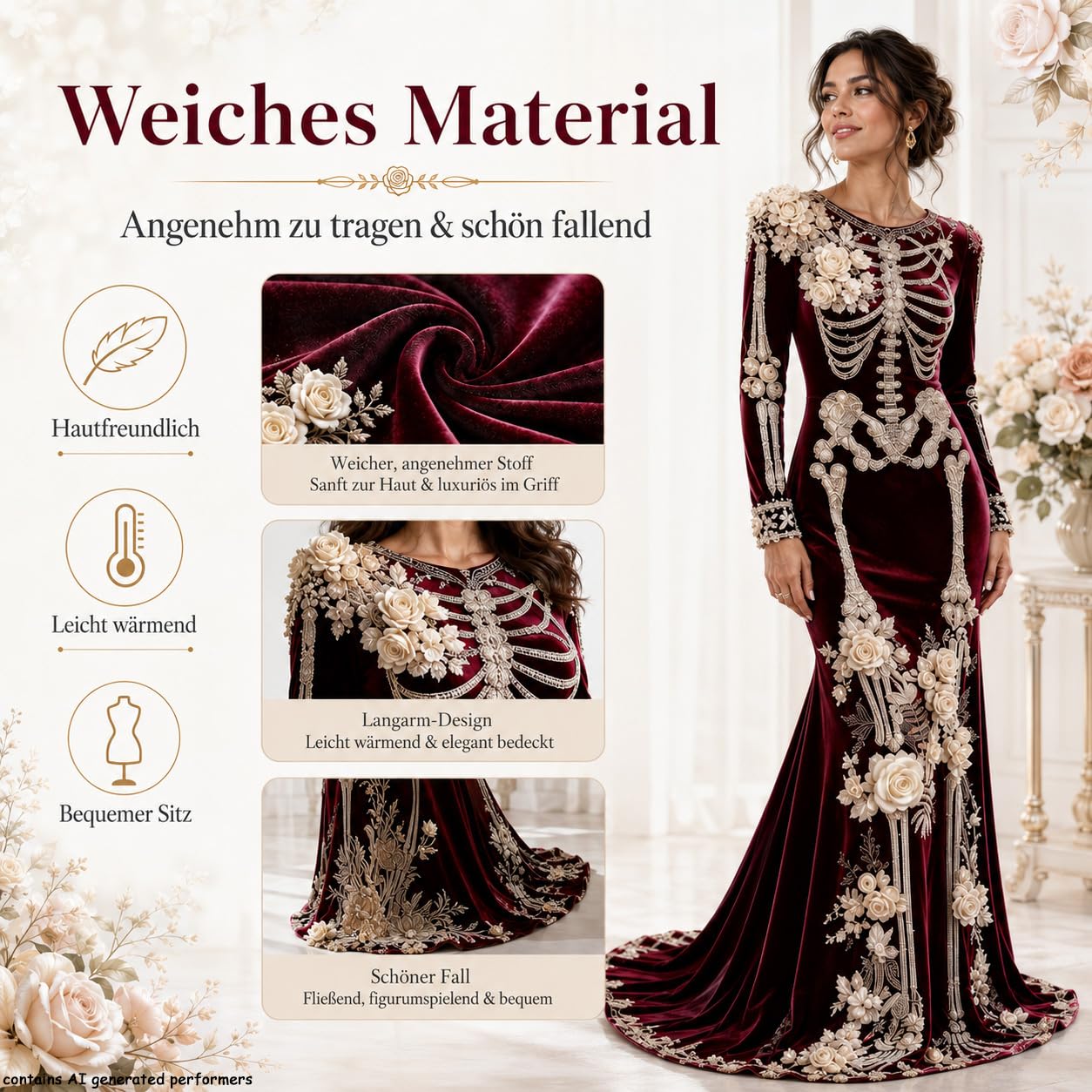 Abito di Halloween da donna con scheletro a maniche lunghe, maxi abito