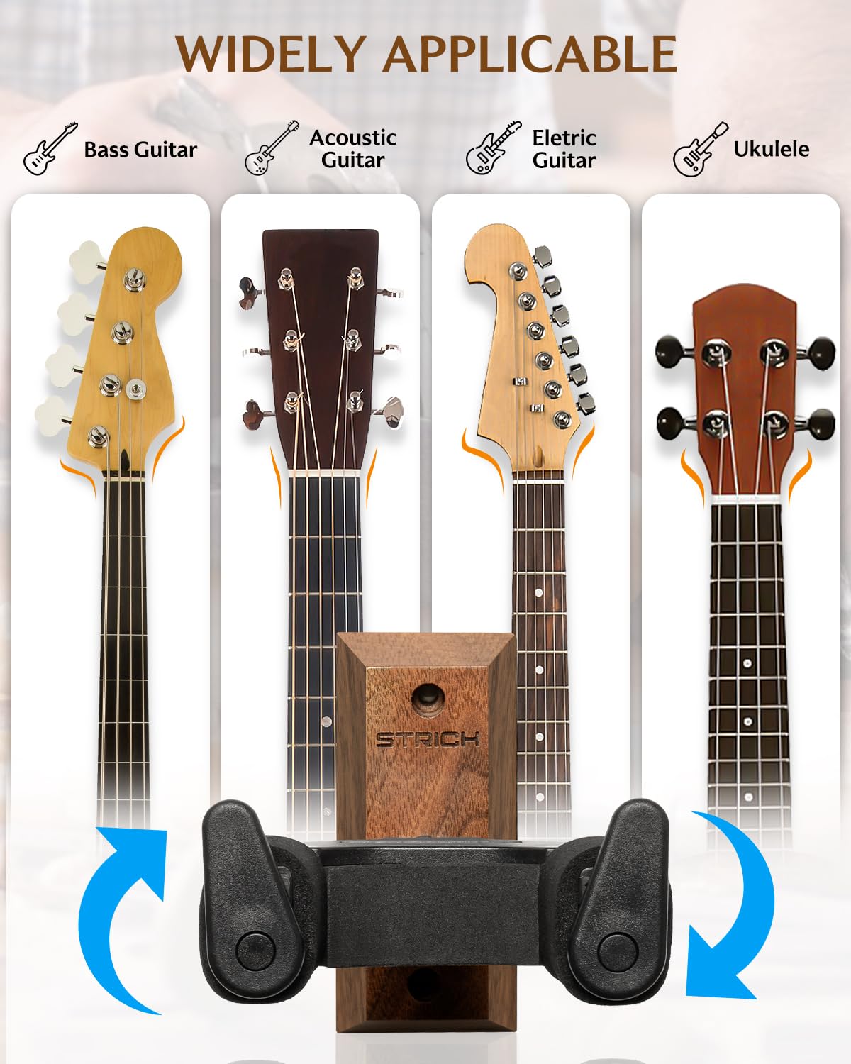 STRICH Supporto da parete per chitarra, in noce, a forma di U, con viti, blocco automatico, gancio per chitarra acustica, elettrica, banjo, basso (confezione da 3)