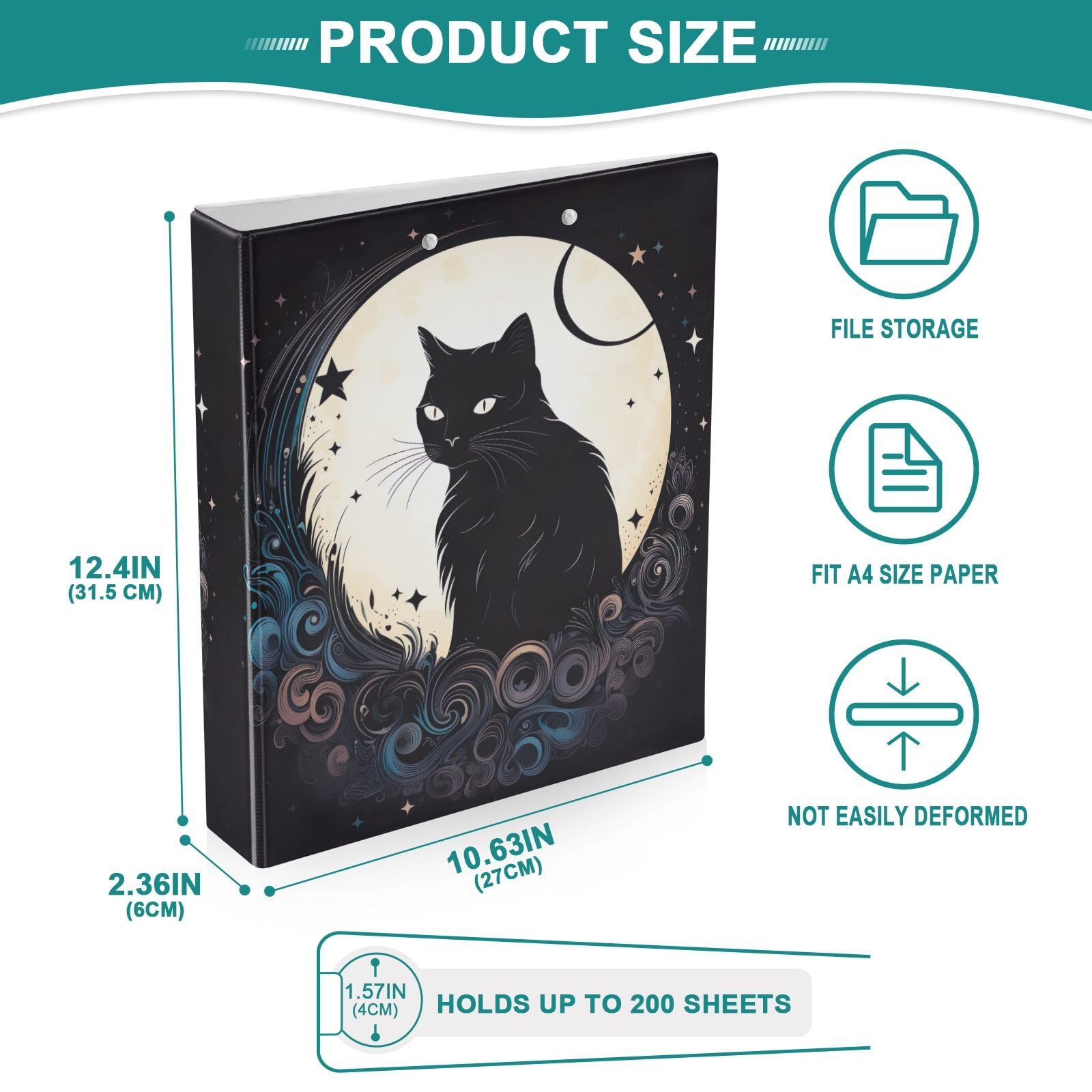 Confezione da 2 raccoglitori ad anelli vintage, motivo gatto luna, nero, con tasche grandi, per scuola, università, ufficio