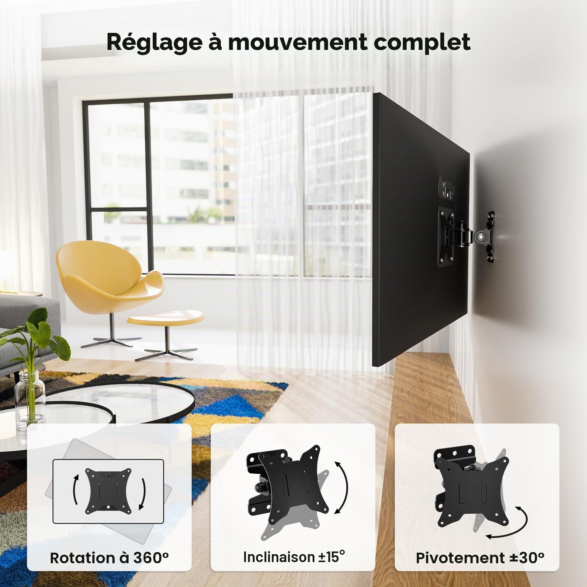 BONTEC Support TV Mural Inclinable et Orientable, Fixation Universelle pour Télévision et Moniteur Plat/Incurvé 13-30 Pouces, VESA 75x75/100x100mm, Charge Max 25kg, Rotation 360°