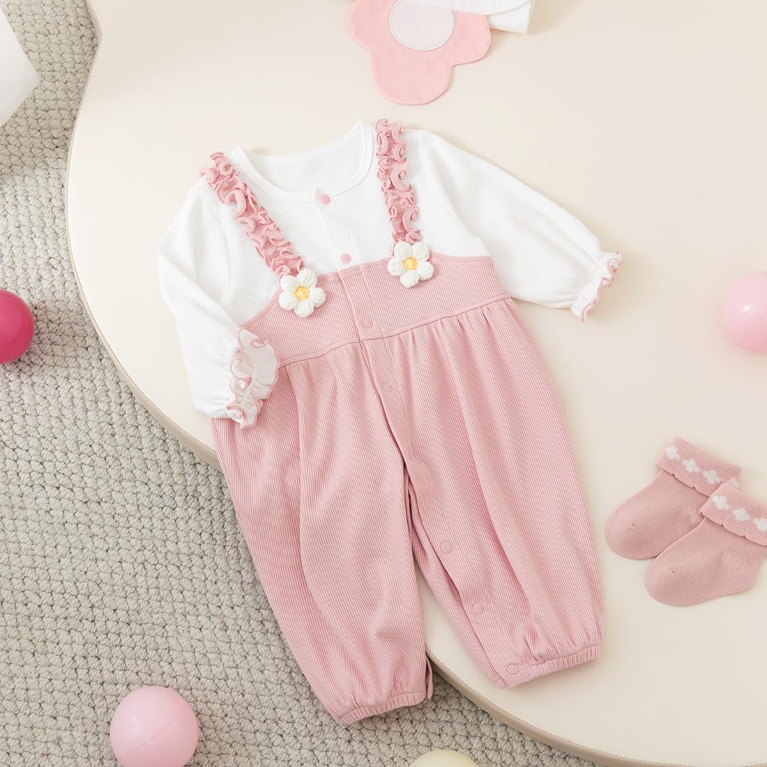 Tutine per Neonati in Cotone con Bottoncini Vestiti per Bambini Manica Lunga Jumpsuit con Volant per Bambini Neonata 0-18 Mesi