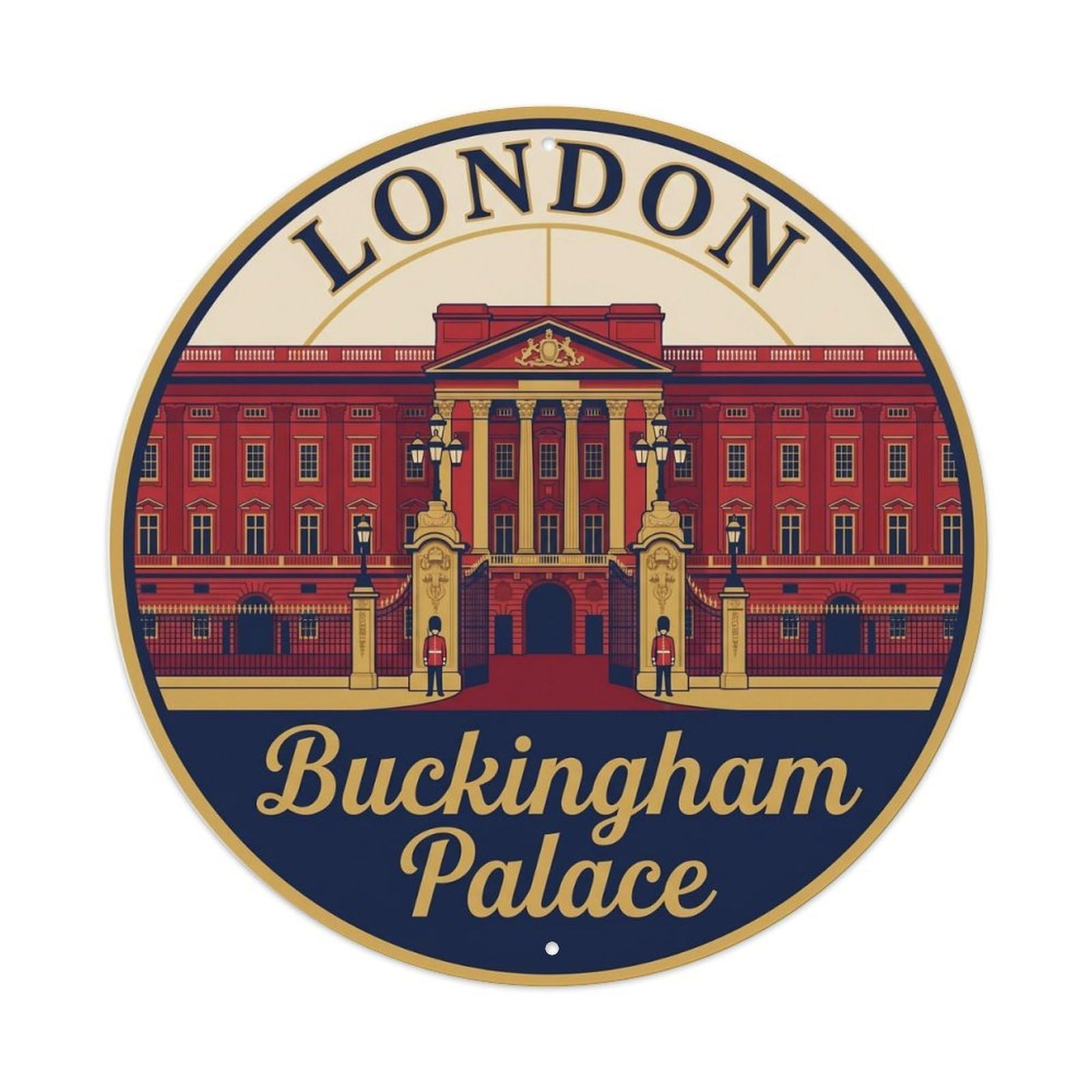 Vintage Travel London Buckingham Royal Metal Tin Sign Plaque Wall Decor for Cafe, Club Bar, Office, Home Garden Round Metal Poster 8x8Inch