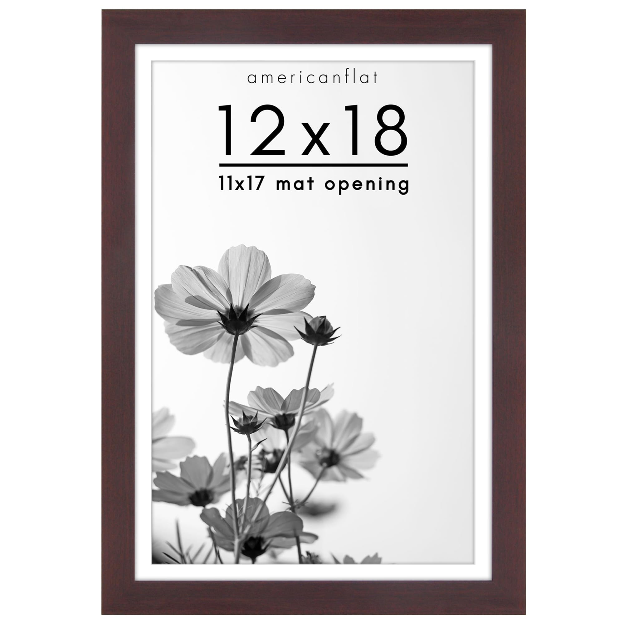 Americanflat 12x18 Poster Frame in Mahogany - Use as 11x17 Picture Frame with Mat or 12x18 Frame Without Mat - Wide Engineered Wood Frame, Shatter Resistant Glass Cover, and Hanging Hardware for Wall