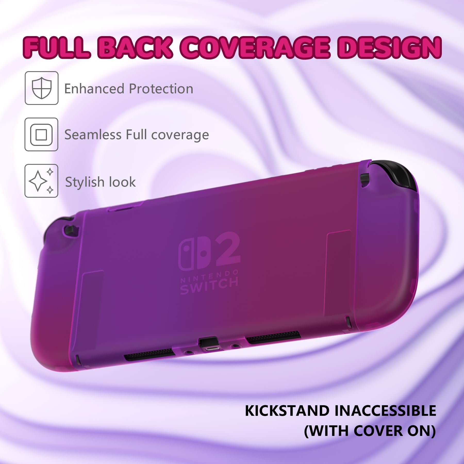 PlayVital Cover per Nintendo Switch 2 Custodia Rigida Dockable Protettiva Antigraffio, Copri Analogici/Tasti per Joycon, Supporto Pieghevole Accessori per Switch 2 Console, Trasparente Viola Rosa