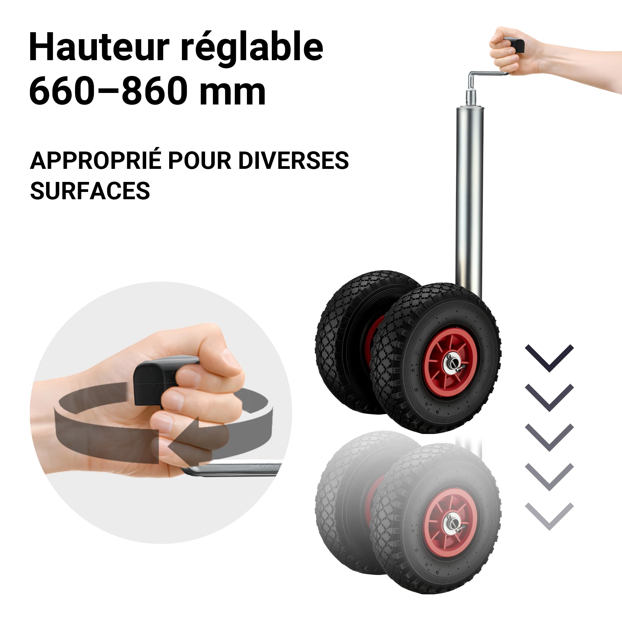 Wiltec Roue jockey double – 290 x 230 x 860 mm – Hauteur ajustable 66-86 cm – Capacité max de 200 kg – Roulette avant pour Voitures Remorques Caravanes avec manivelle