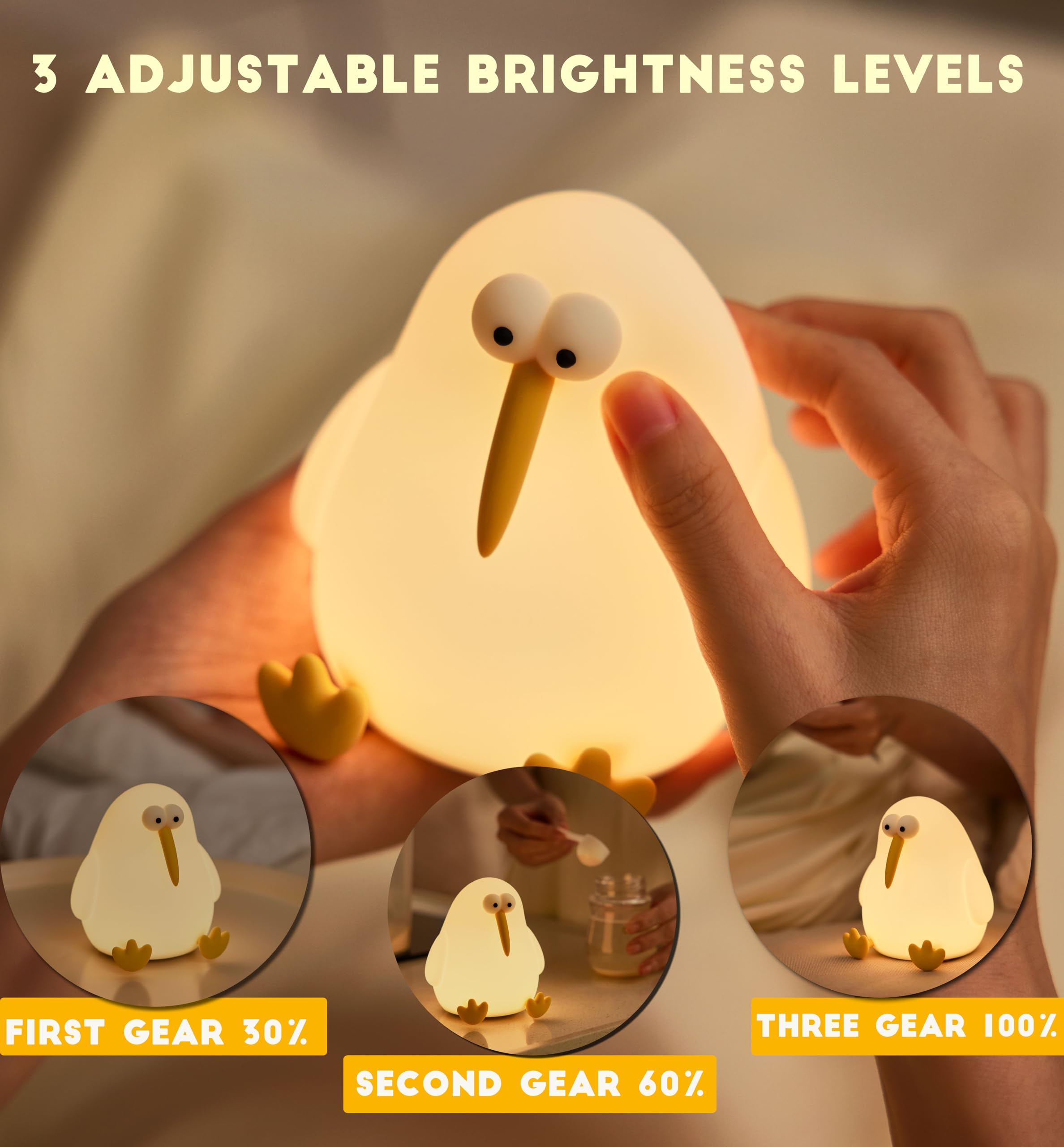 HAPPYBAG Cute Silicone Kiwibird Night Light LED Squishy Nursery Toddler Rechargeable Night Light,Cute Stuff Gift for Baby,Kids,Toddlers lamp,Kawaii Room Décor