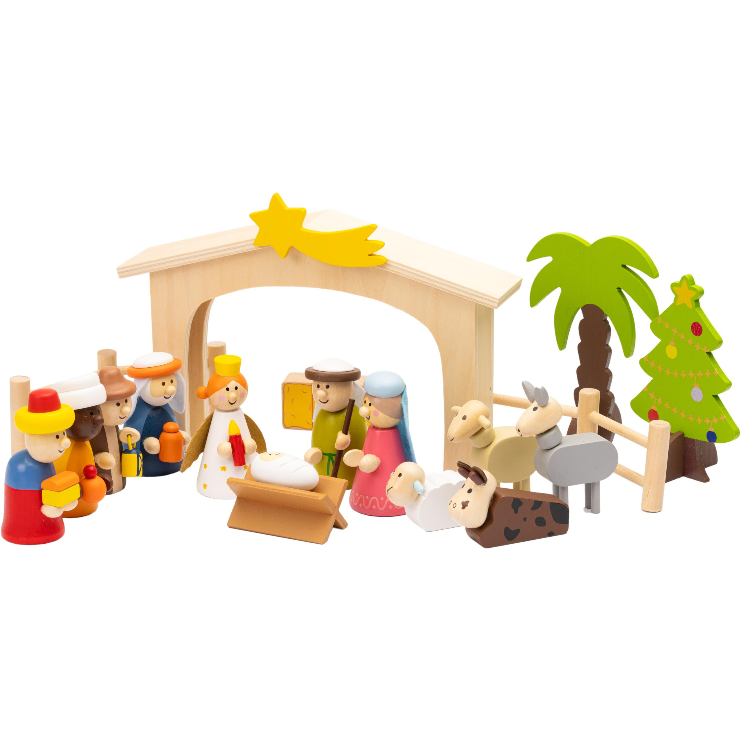 Crèche de Noël en Bois Peinte à la Main – 18 pièces – avec Sapin – Jeu de crèche pour Enfants – décoration colorée & idée Cadeau – étable avec étoile, Rois Mages, Marie & Joseph, bœuf & âne