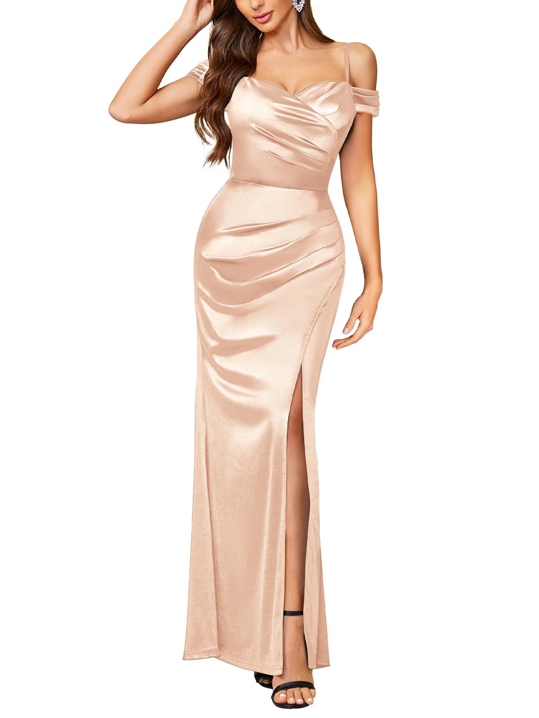 Miusol Off Shoulder Satin High Split Ruched