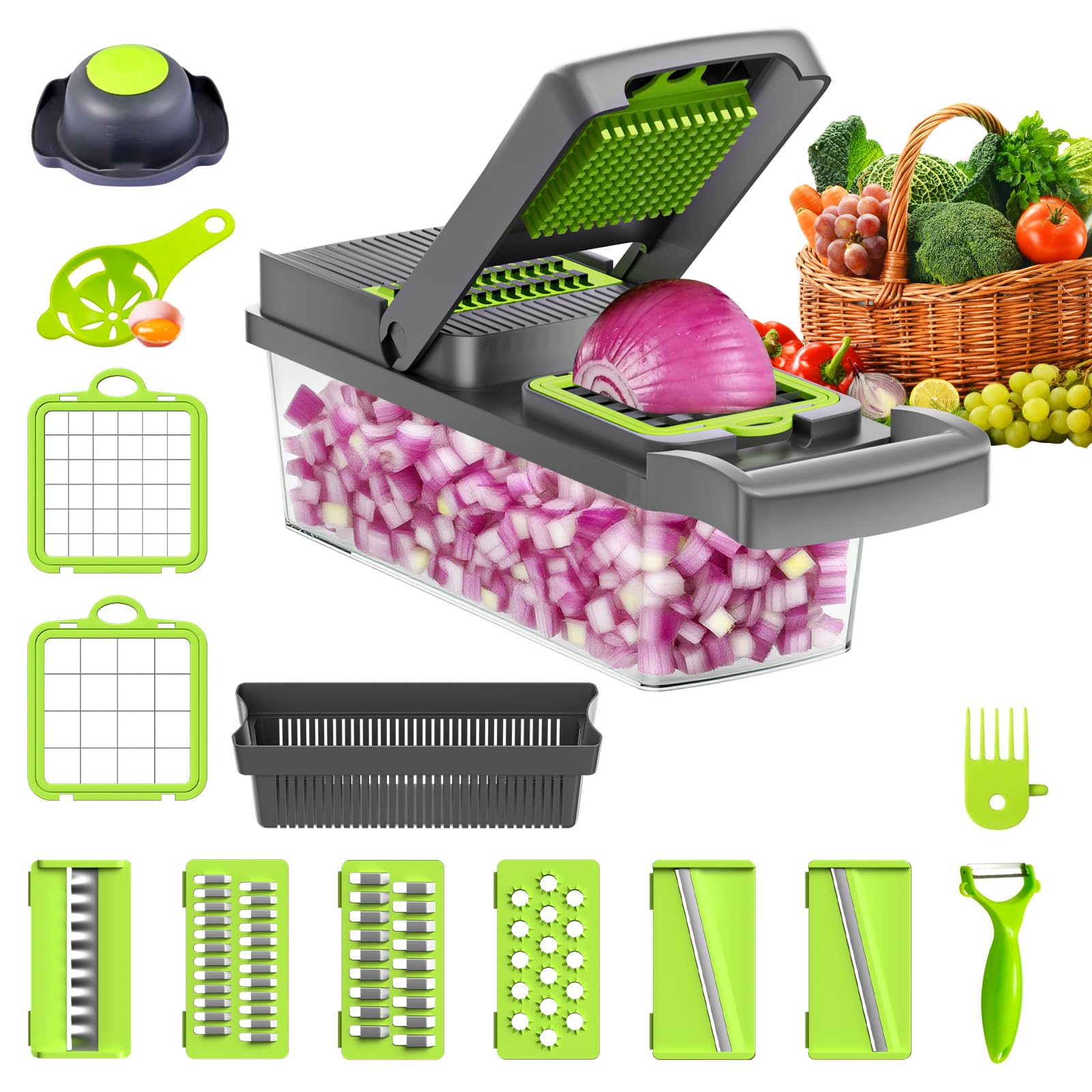 14 in 1 Vegetable Chopper, Mandoline Vegetable Slicer Multifunctional, Chopper Vegetable Cutter with 8 Stainless Steel Blades,Food Chopper for Cutting Vegetables and Frui