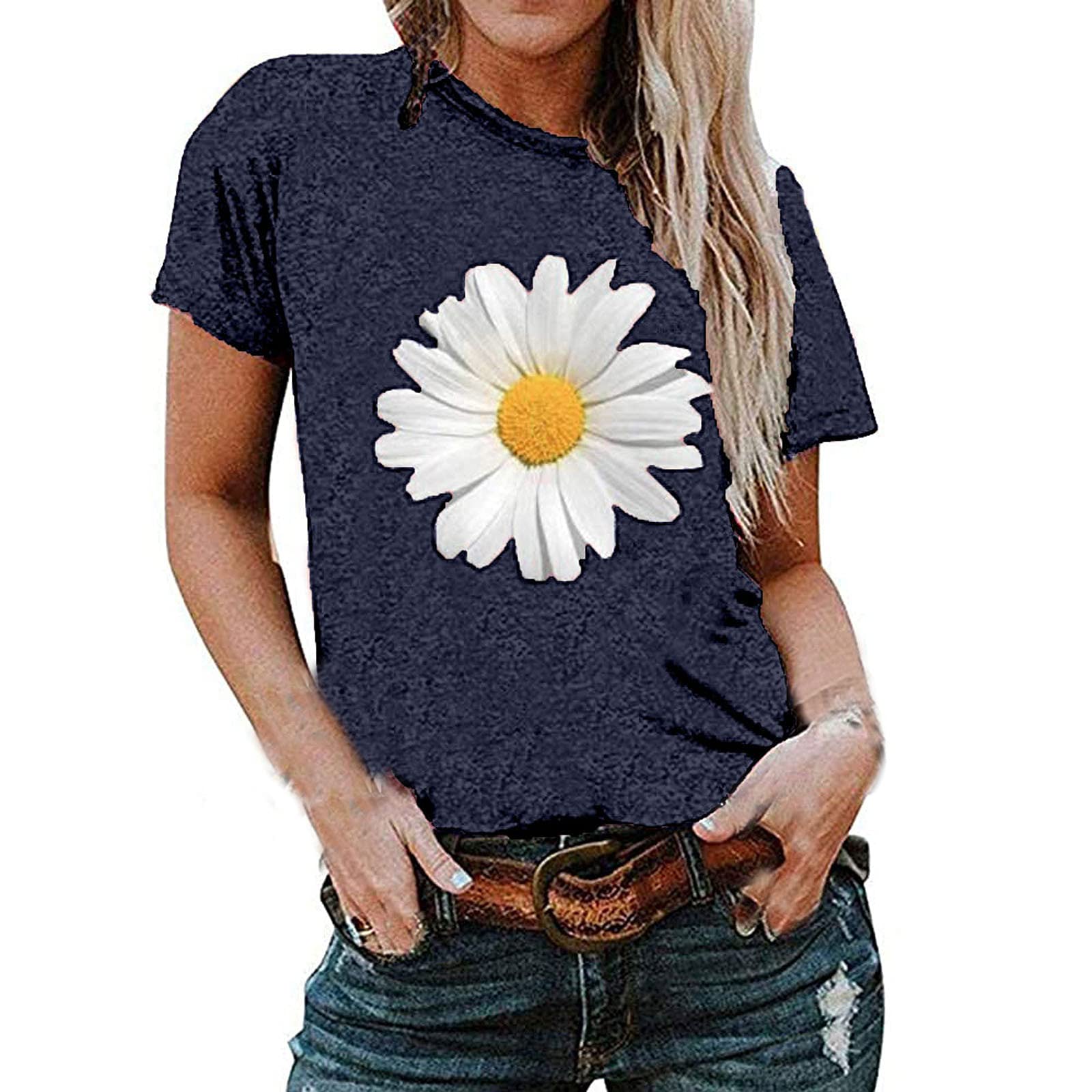 JEGULV Summer Tshirts for Women 2025, Women's Short Sleeve Blouse Daisy Floral Print Basic Summer Tee Shirts
