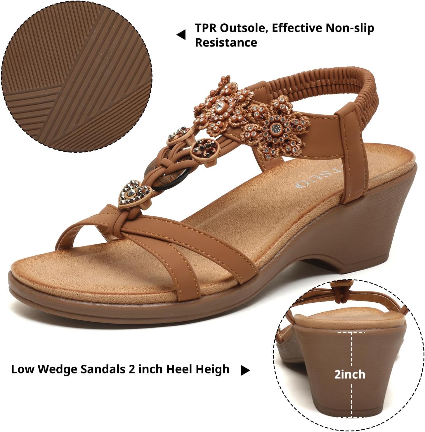TETSUO Women Wedge Sandal Flower Low Heels Sandals Comfortable Summer Beach Walking Rhinestone Shoes for Women Open Toe Ankle Elastic Back strap T-Strap Dressy Bohemian Shoe