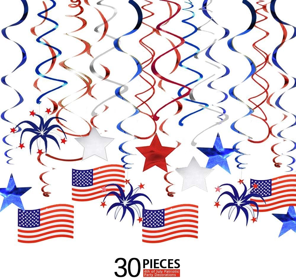 ROLOWAY 4th of July Patriotic Party Decorations, Patriotic Swirl Streamers (30 PCS) with American Flag, Red, White & Blue Stars, Patriotic Party Supplies for Independence Day