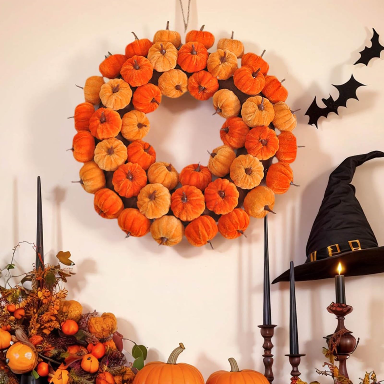 Corona Navideña de Calabaza con Cordón, Guirnalda Colgante Artificial de Otoño, para Decoración de Ventana, Festival, Fiesta, Acción de Gracias(40cm/15.7in)