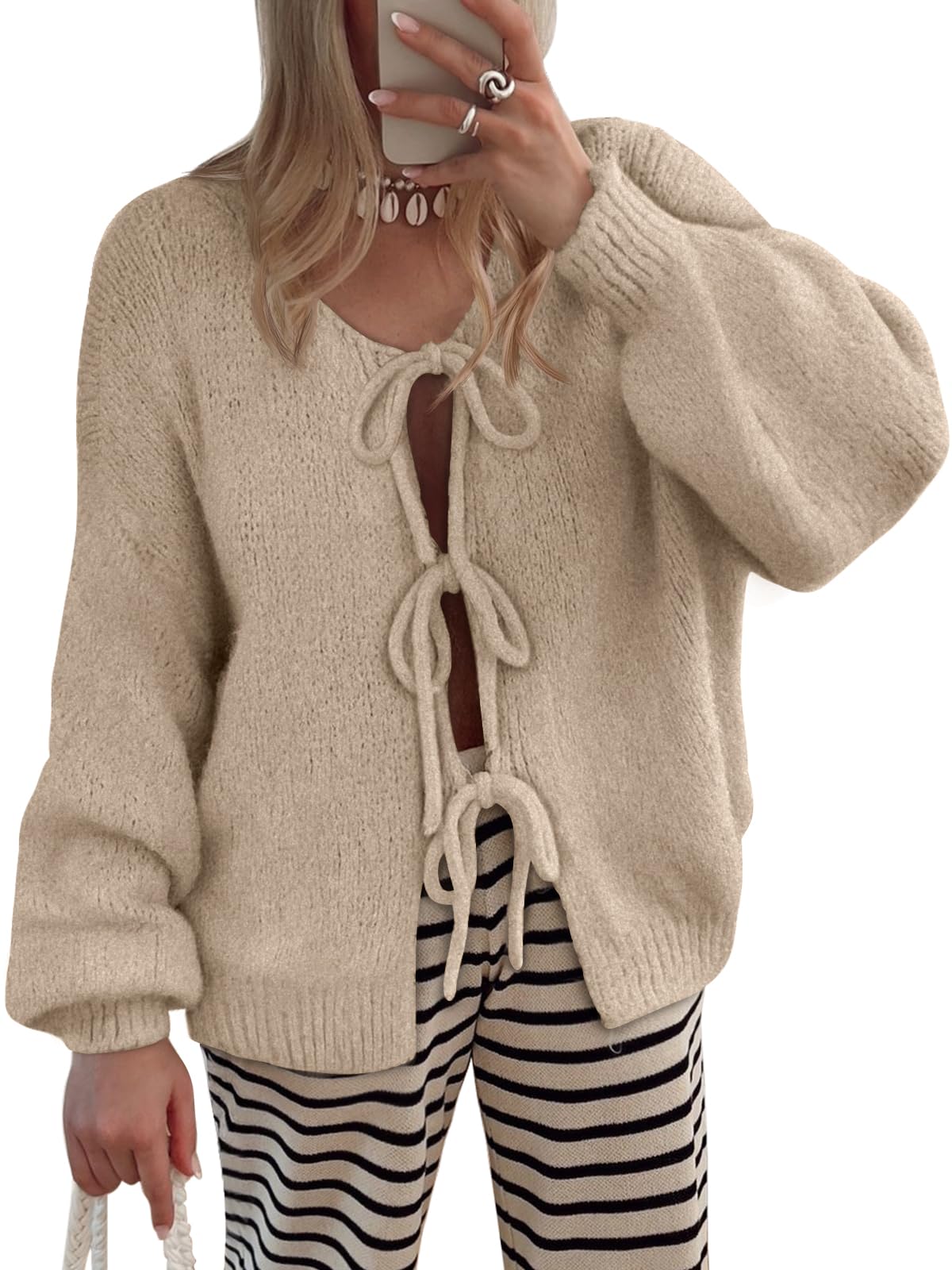 Tie Front Cardigan Sweaters for Women Trendy 2026 Fall Fashion Outfits Puff Sleeve Bow Tops Cute Knit Sweater-image-27
