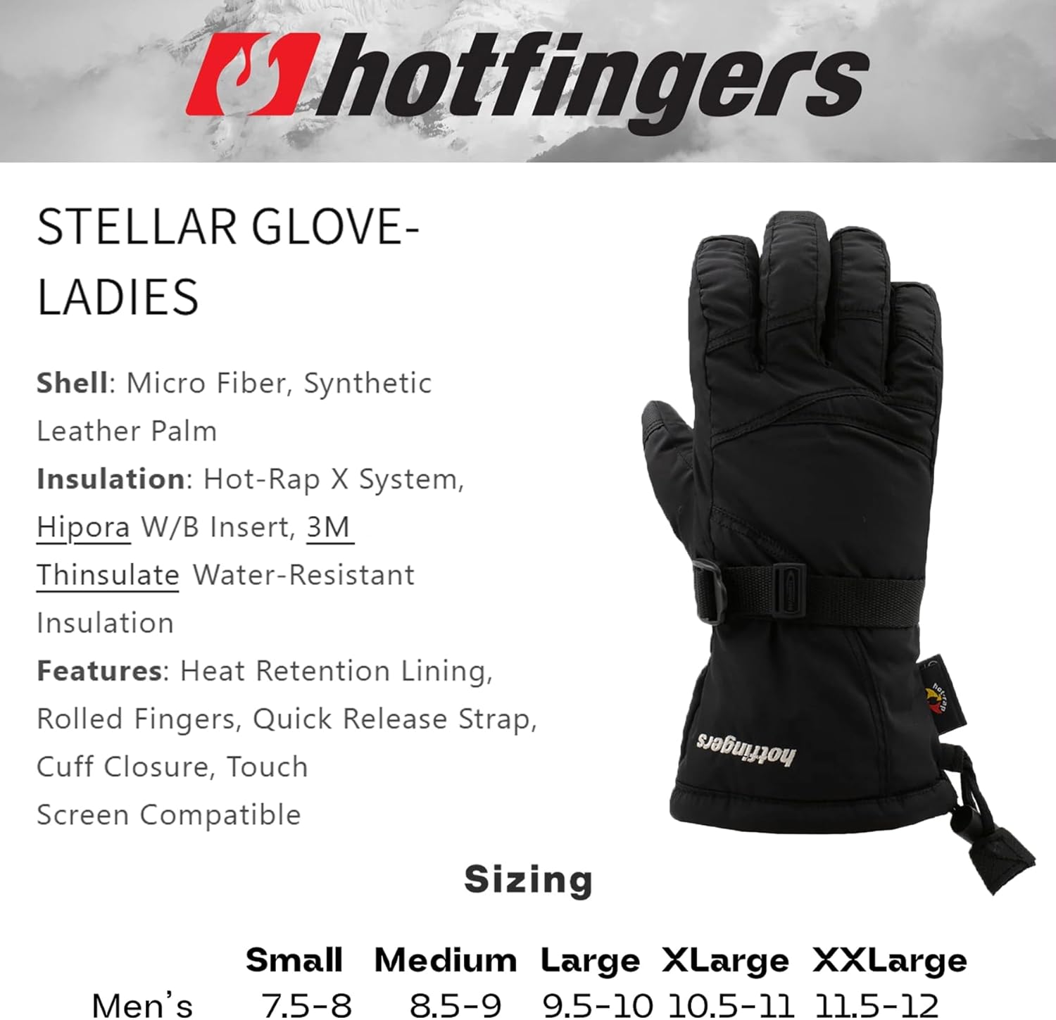 hotfingers Men's Stellar Snow Sports Gloves w/Cuff Closure - Touch Screen Compatible Warm Waterproof Breathable Insulated