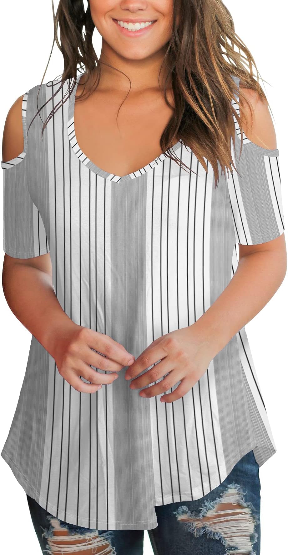SLIMMING GRIL Womens Short Sleeve T Shirts for Summer Cold Shoulder Tops V Neck White Stripe Size S