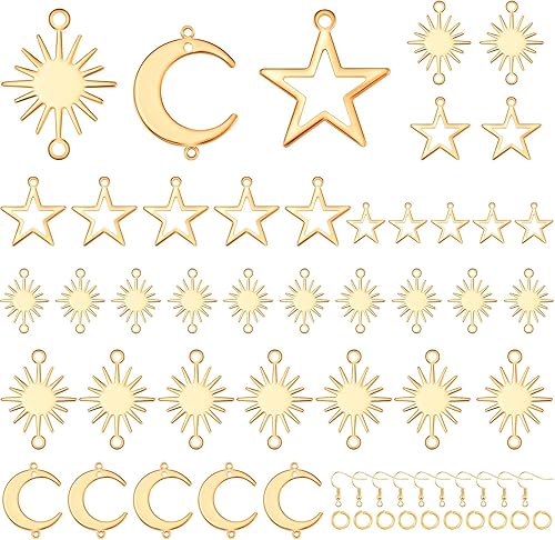 Juego de 45 dijes de estrella para hacer joyas, eslabones de latón, kit de conectores pequeños de sol, estrella, luna, con 10 ganchos para aretes,